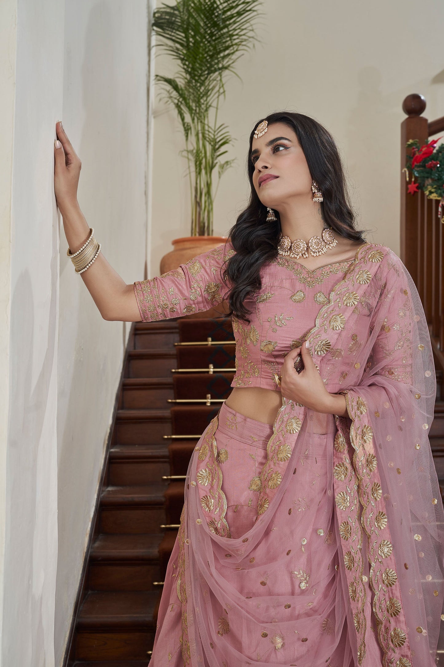 Peach Art Silk Zari Embroidery Lehenga