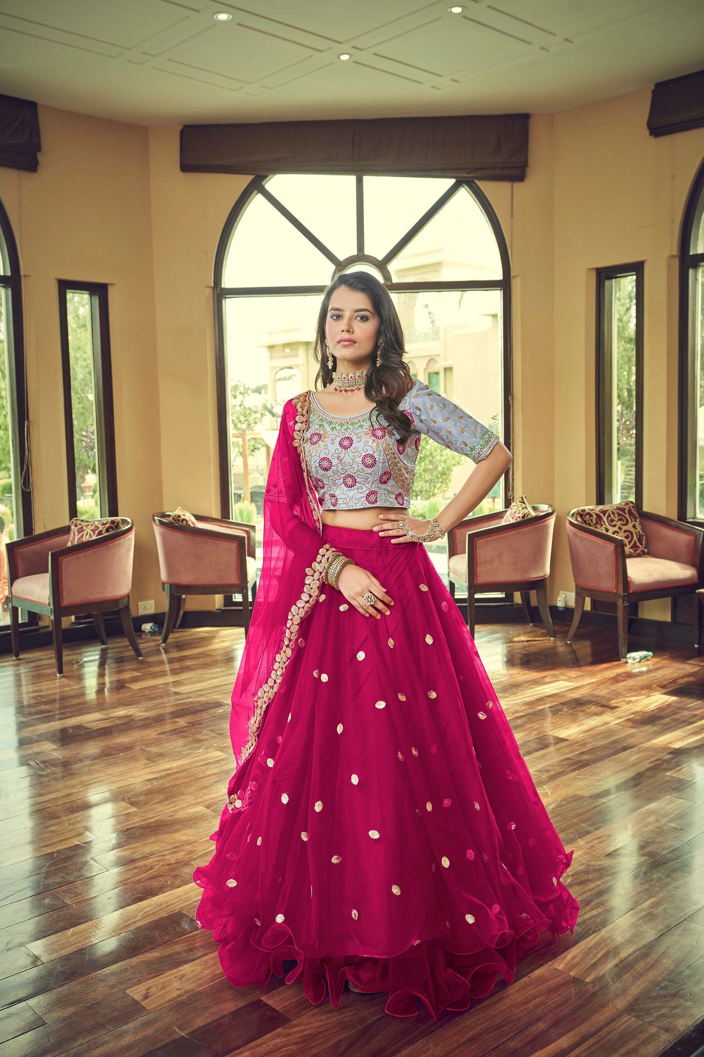 Dazzling Dark Pink Sequined Silk Lehenga for Wedding Guest 2101