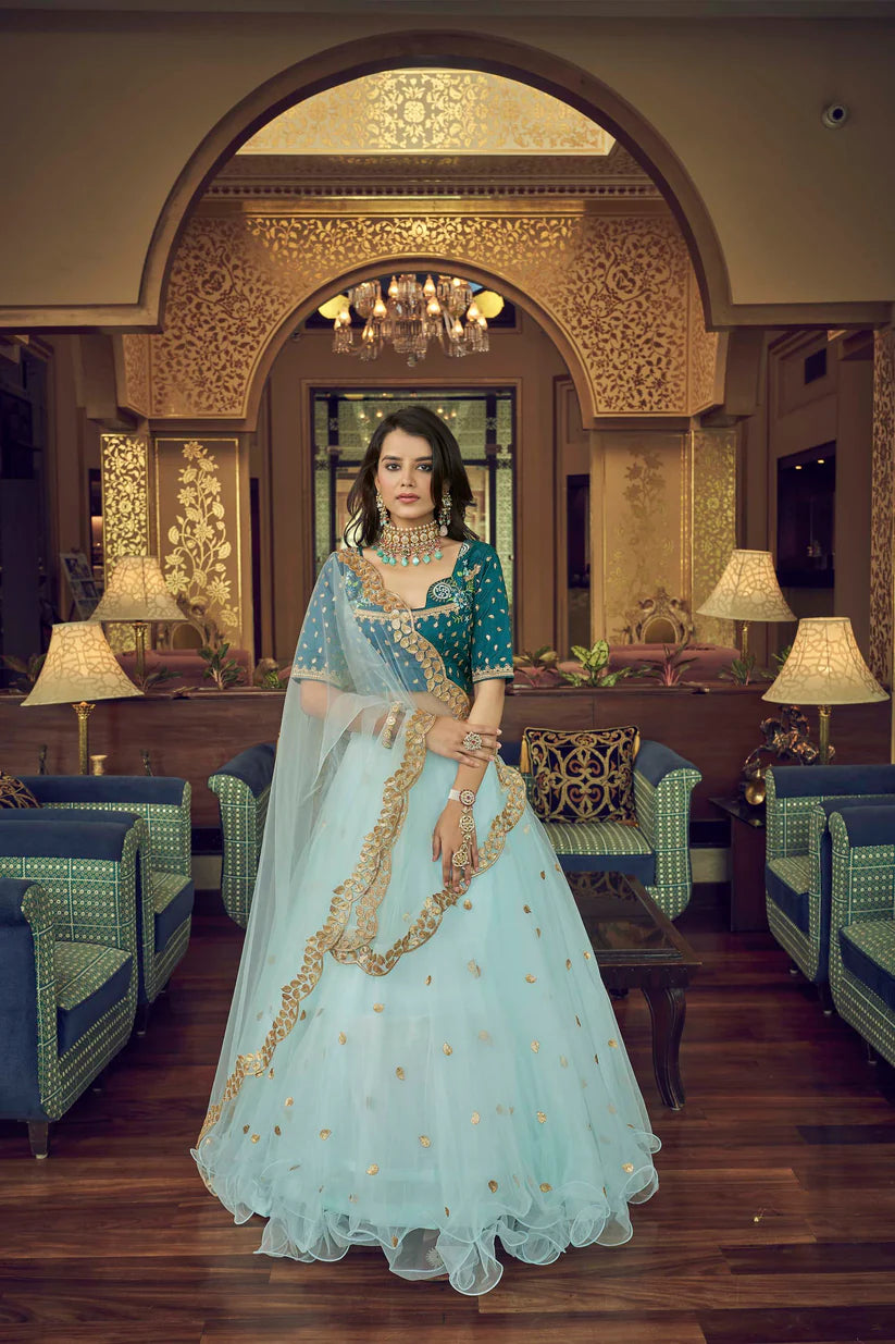Mesmerizing Sky Blue Soft Net Party Wear Lehenga For Rent ( UK )