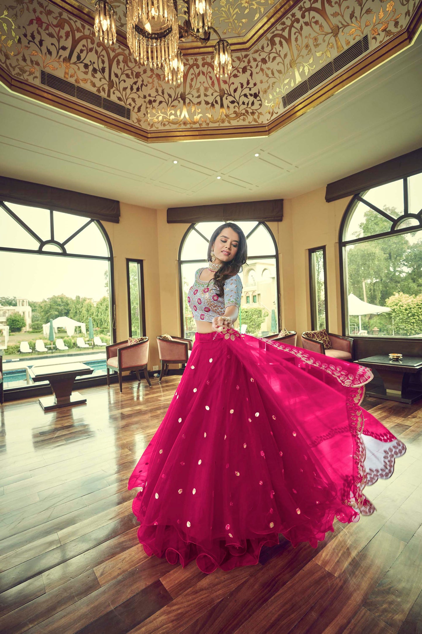 Dazzling Dark Pink Sequined Silk Lehenga for Wedding Guest 2101