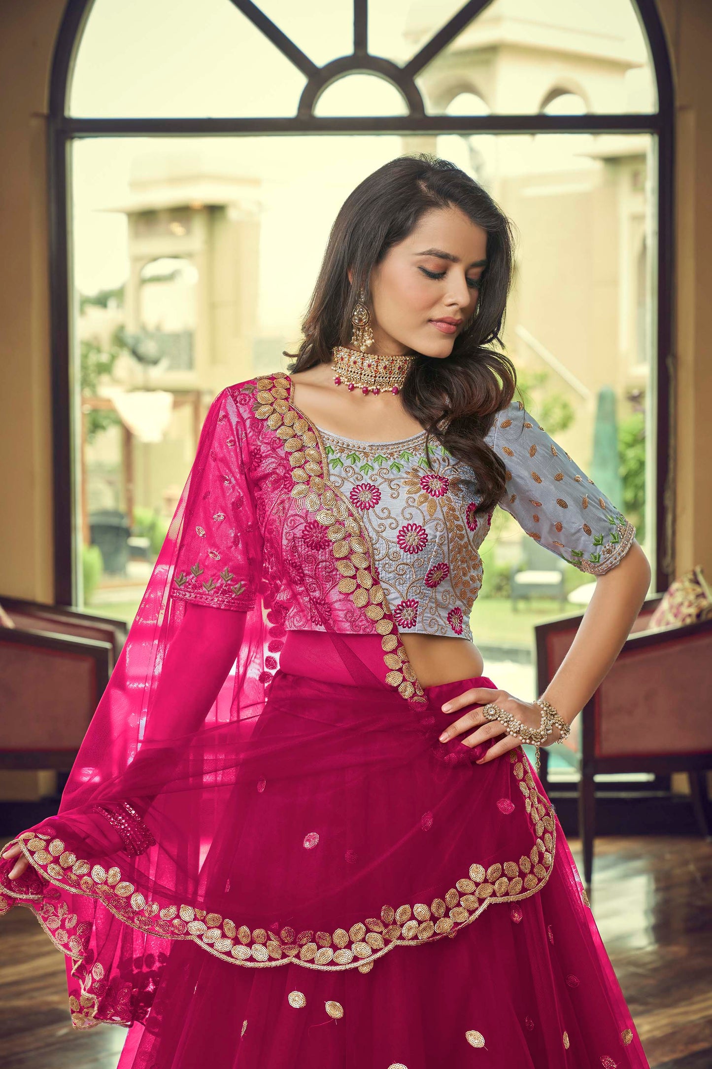 Dazzling Dark Pink Sequined Silk Lehenga for Wedding Guest 2101