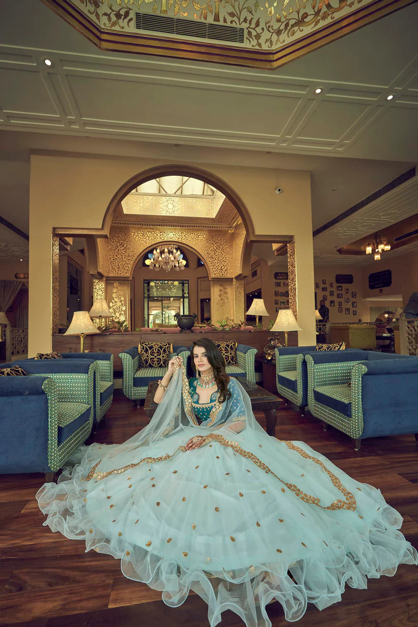 Mesmerizing Sky Blue Soft Net Party Wear Lehenga For Rent ( UK )