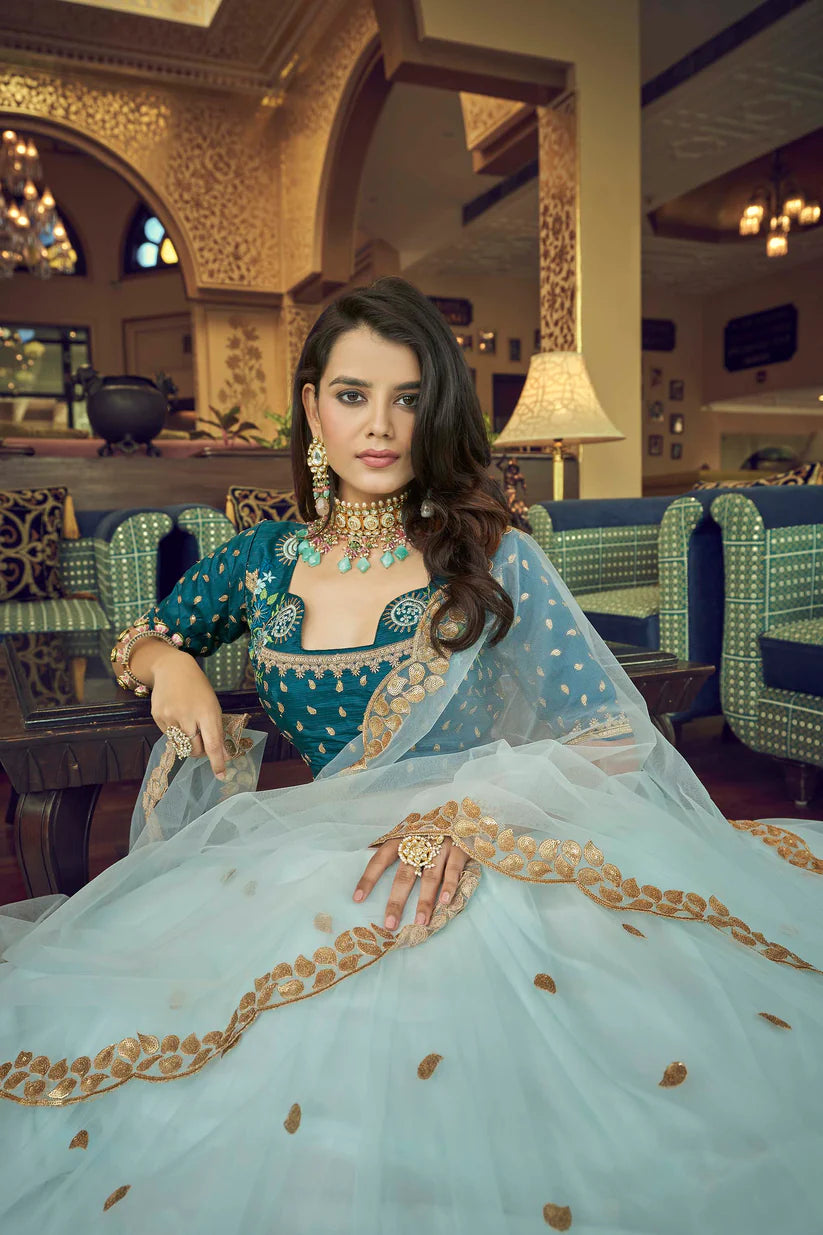 Mesmerizing Sky Blue Soft Net Party Wear Lehenga For Rent ( UK )