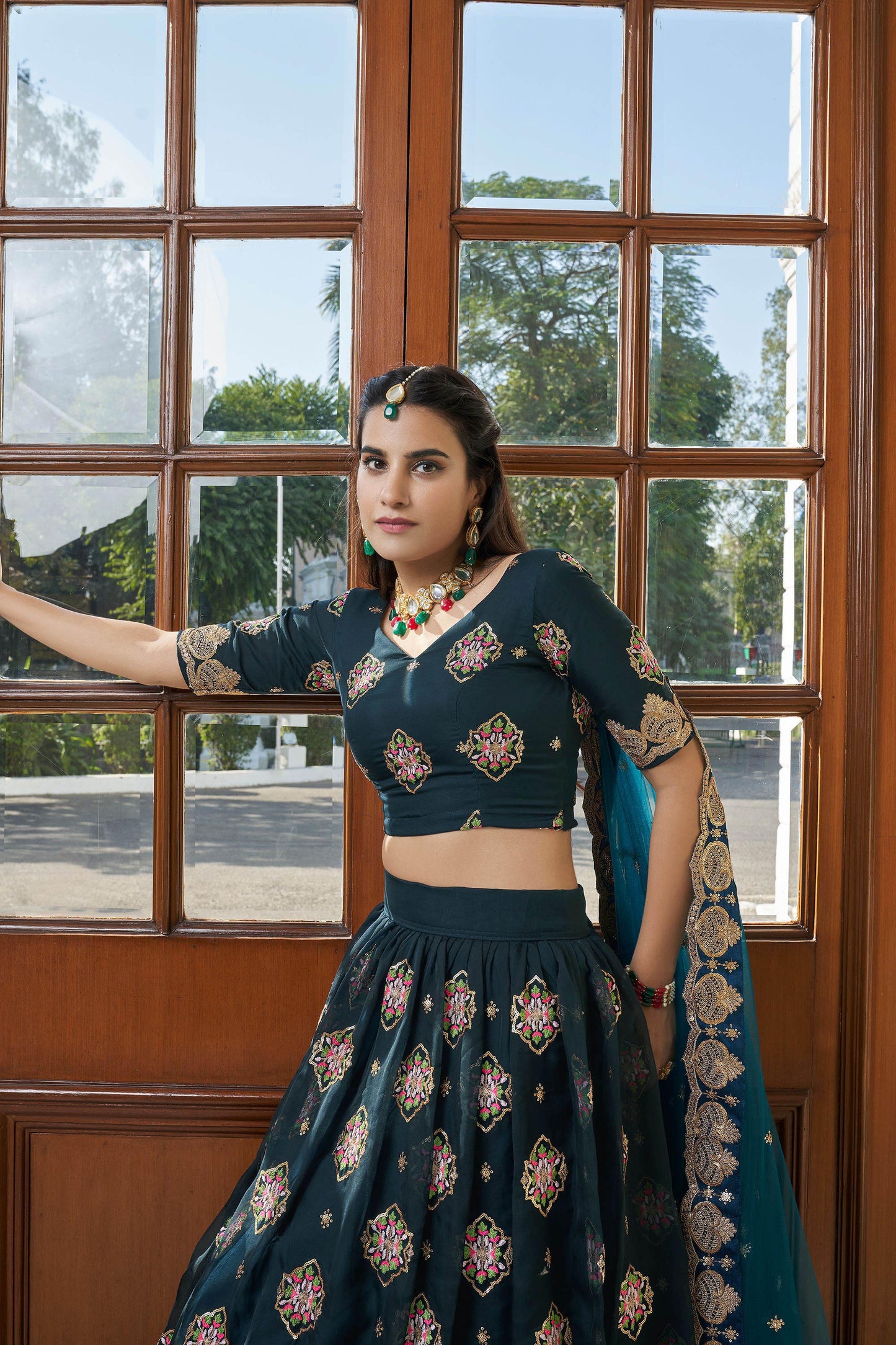 Teal Blue Organza Sequins Work Bridesmaid Lehenga