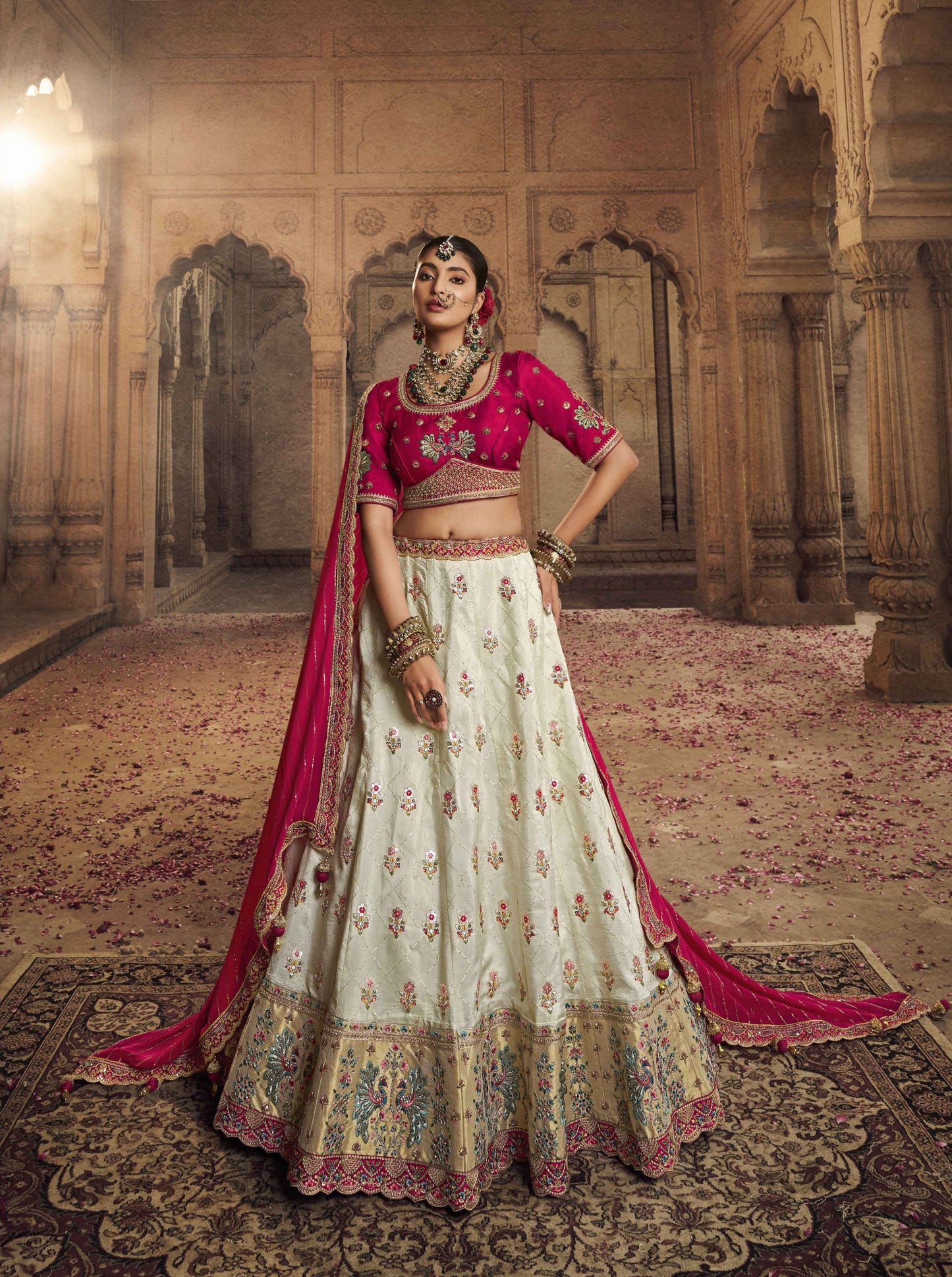 Pink and White Embroidery Work Bridal Wear Lehenga - Rent