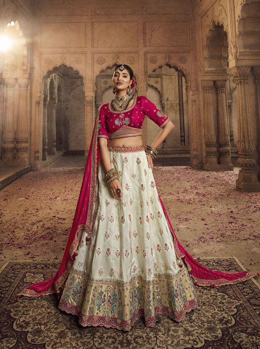 Pink and White Embroidery Work Bridal Wear Lehenga - Rent