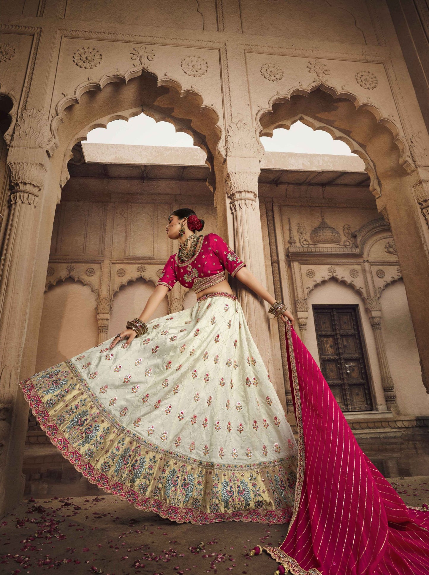 Pink and White Embroidery Work Bridal Wear Lehenga - Rent