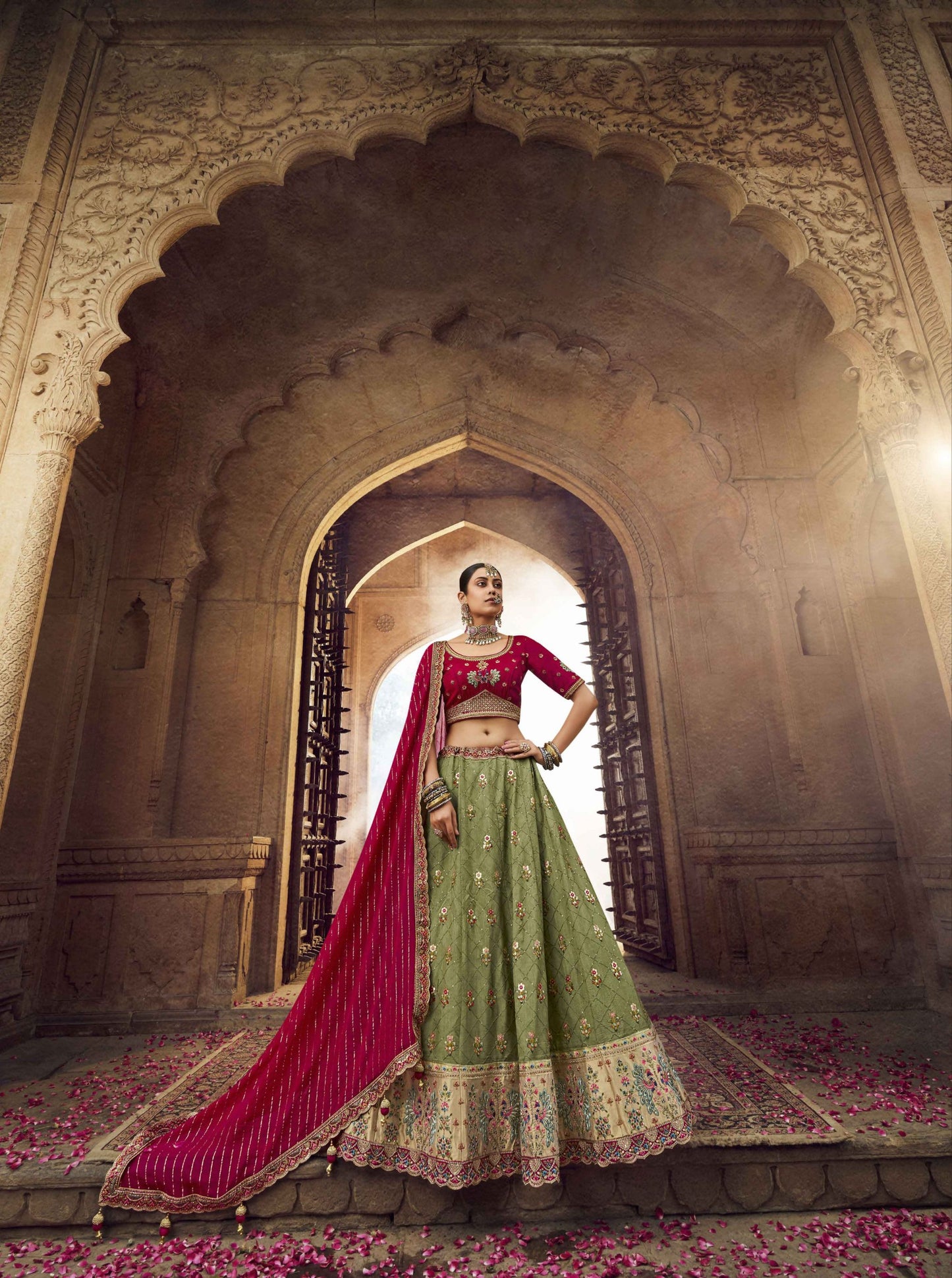 Mehendi Green Viscose Bridal Wear Lehenga Choli - Rent