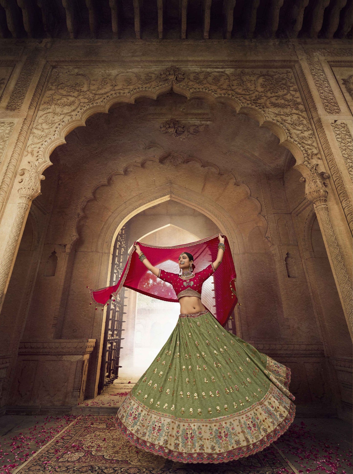 Mehendi Green Viscose Bridal Wear Lehenga Choli - Rent
