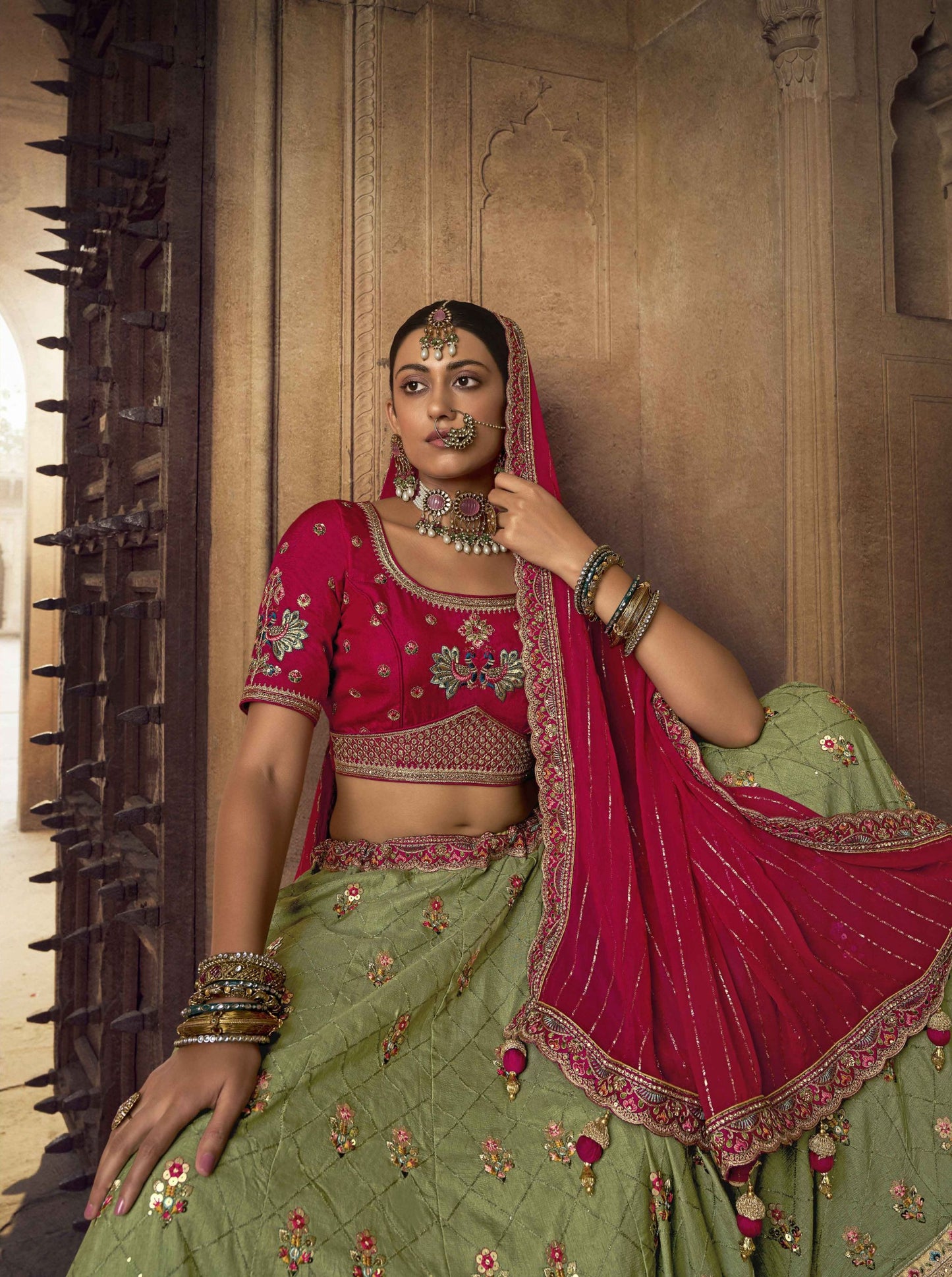 Mehendi Green Viscose Bridal Wear Lehenga Choli - Rent