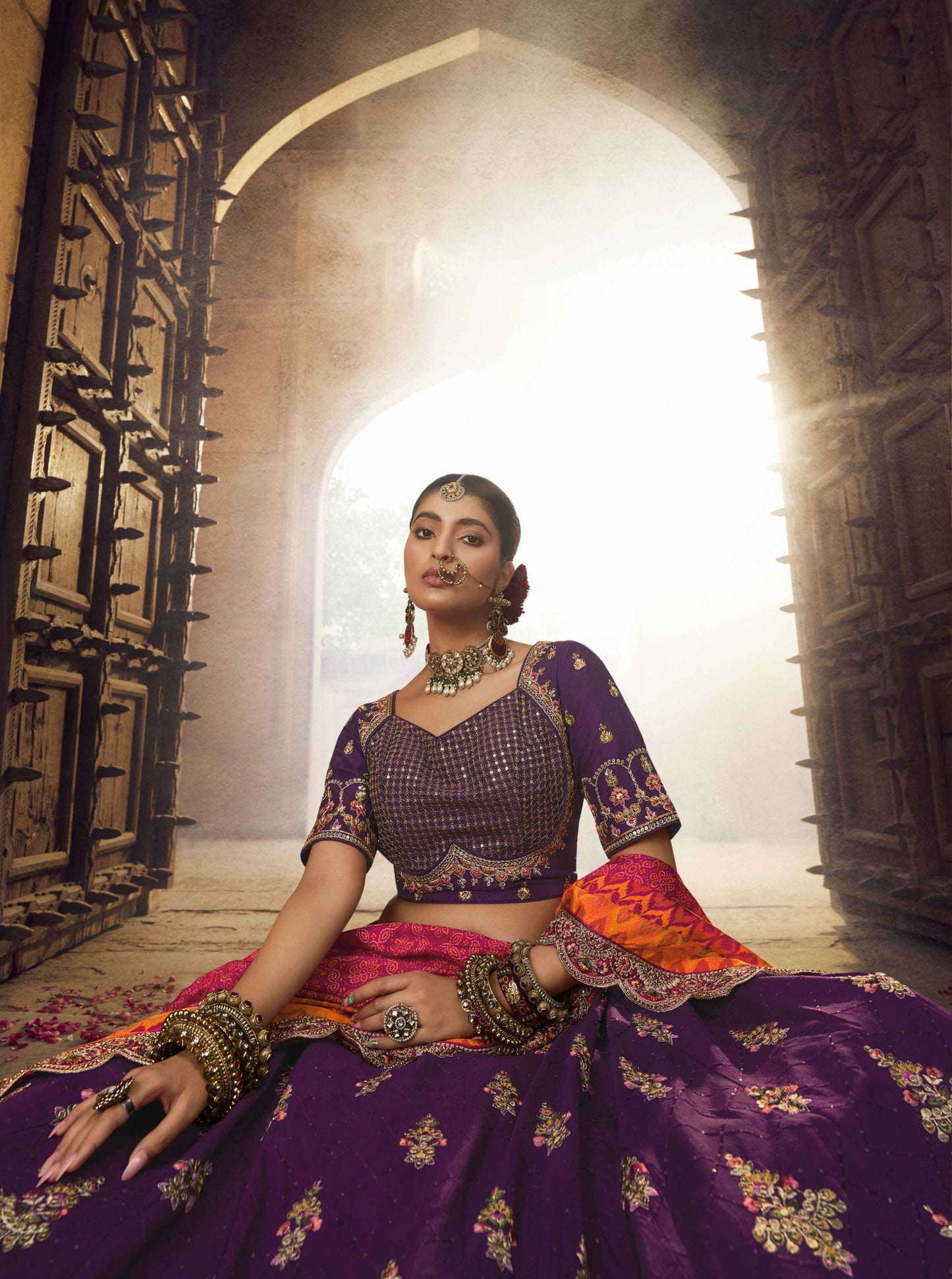 Purple Viscose Silk Heavy Embroidered Lehenga Choli - Rent
