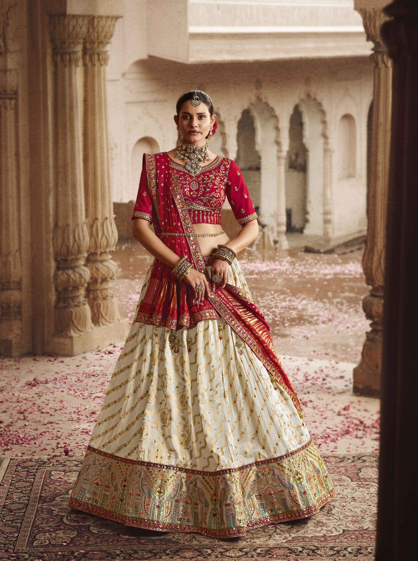 White and Red Silk Heavy Embroidered Bridal Lehenga Choli - Rent