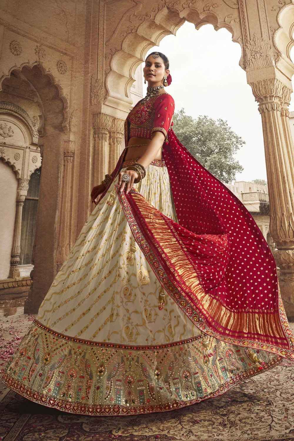 White and Red Silk Heavy Embroidered Bridal Lehenga Choli - Rent