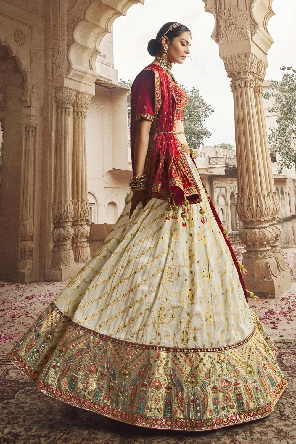 White and Red Silk Heavy Embroidered Bridal Lehenga Choli - Rent