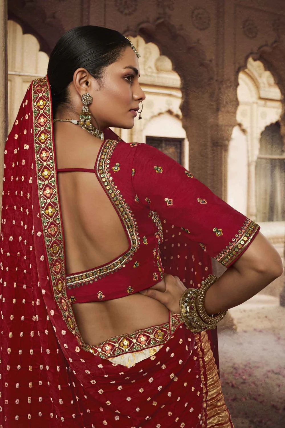 White and Red Silk Heavy Embroidered Bridal Lehenga Choli - Rent