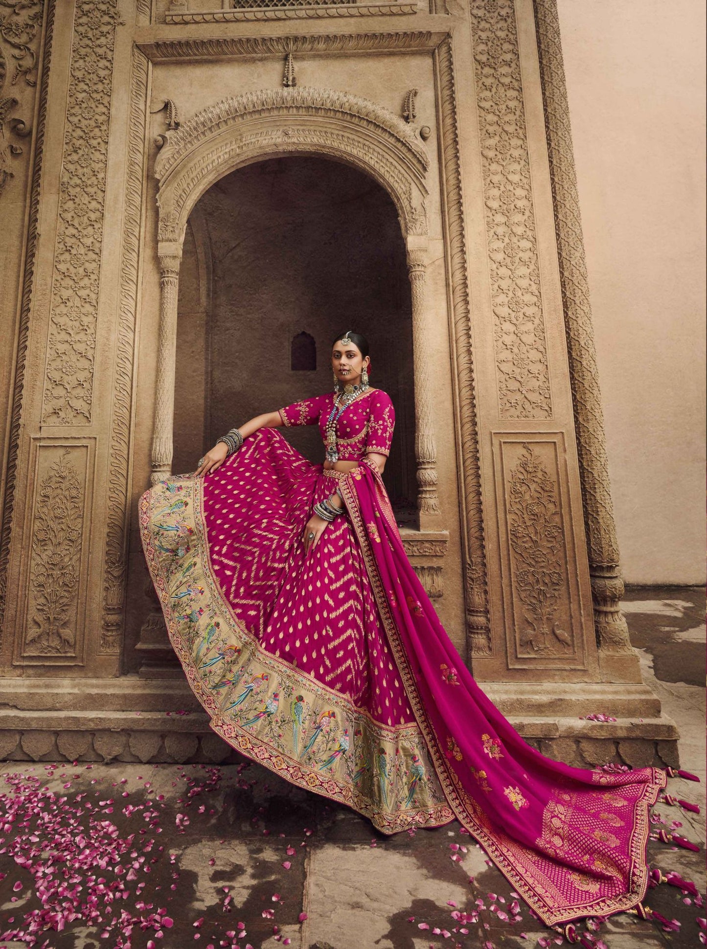 Hot Pink Silk Heavy Embroidered Bridal Lehenga Choli - Rent