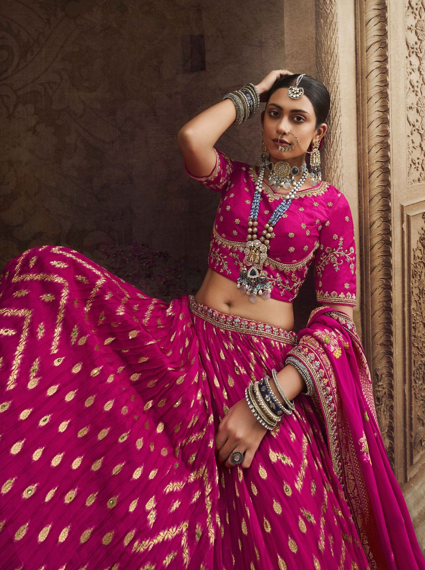 Hot Pink Silk Heavy Embroidered Bridal Lehenga Choli - Rent