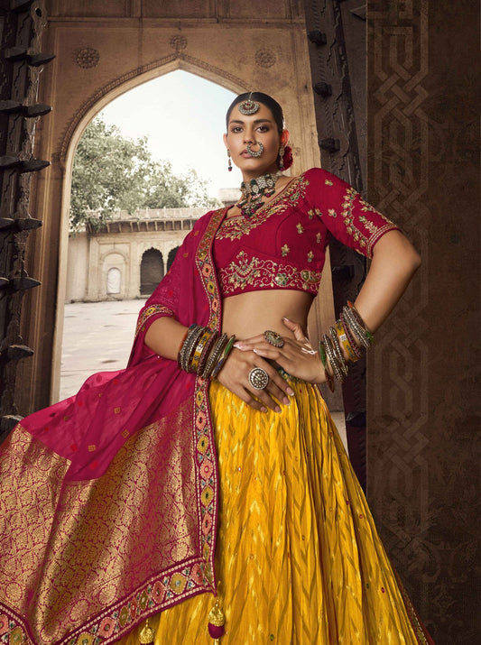 Yellow Silk Heavy Embroidered Lehenga Choli - Rent