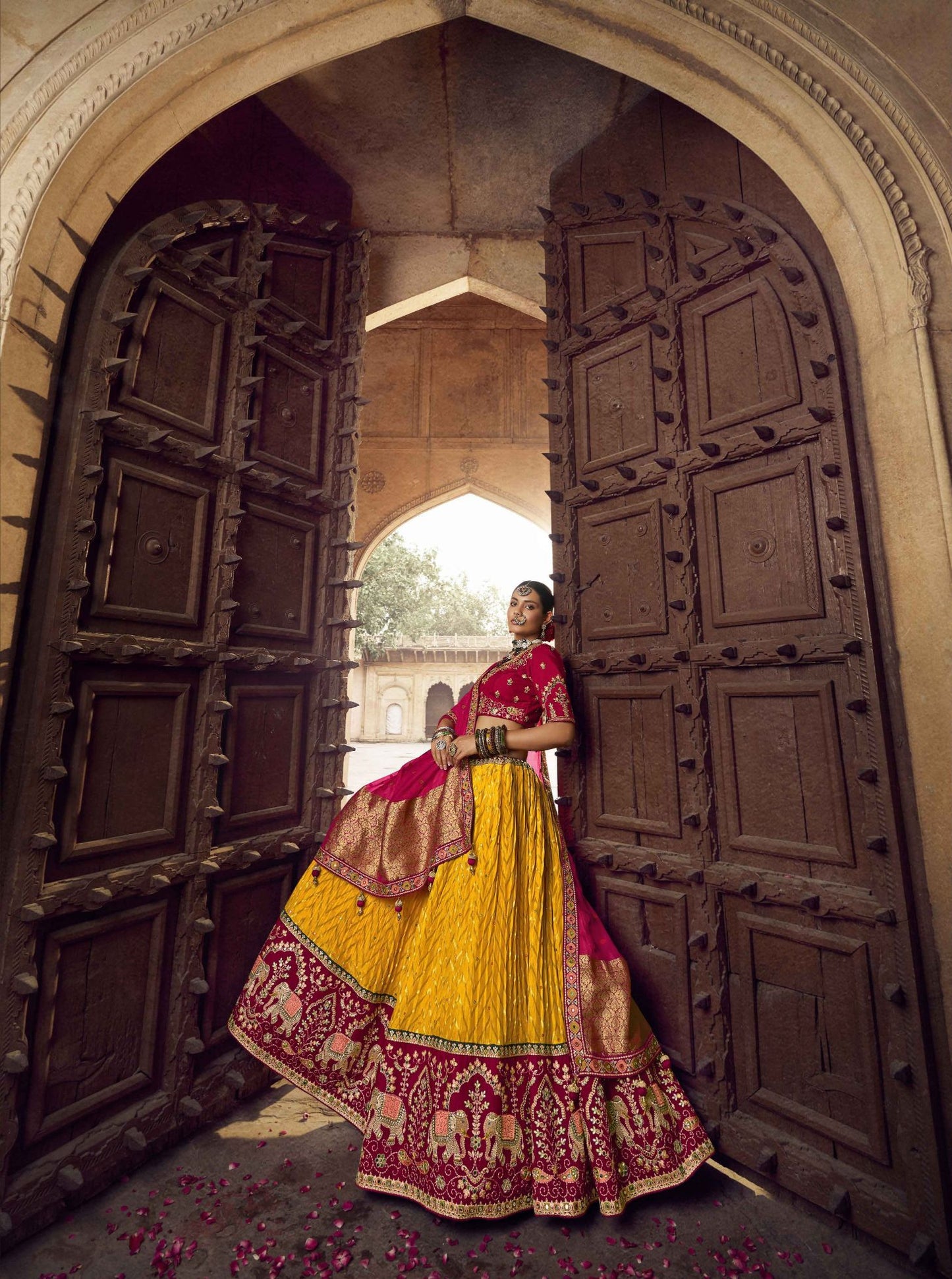 Yellow Silk Heavy Embroidered Lehenga Choli - Rent