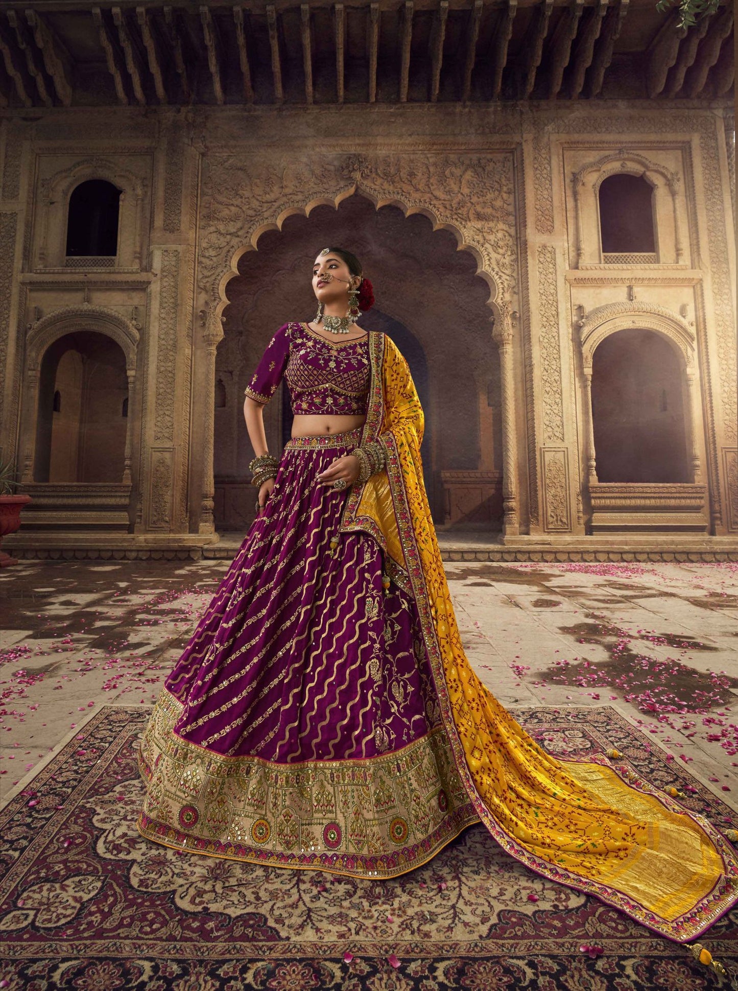 Dark Magenta Silk Heavy Embroidered Lehenga Choli - Rent