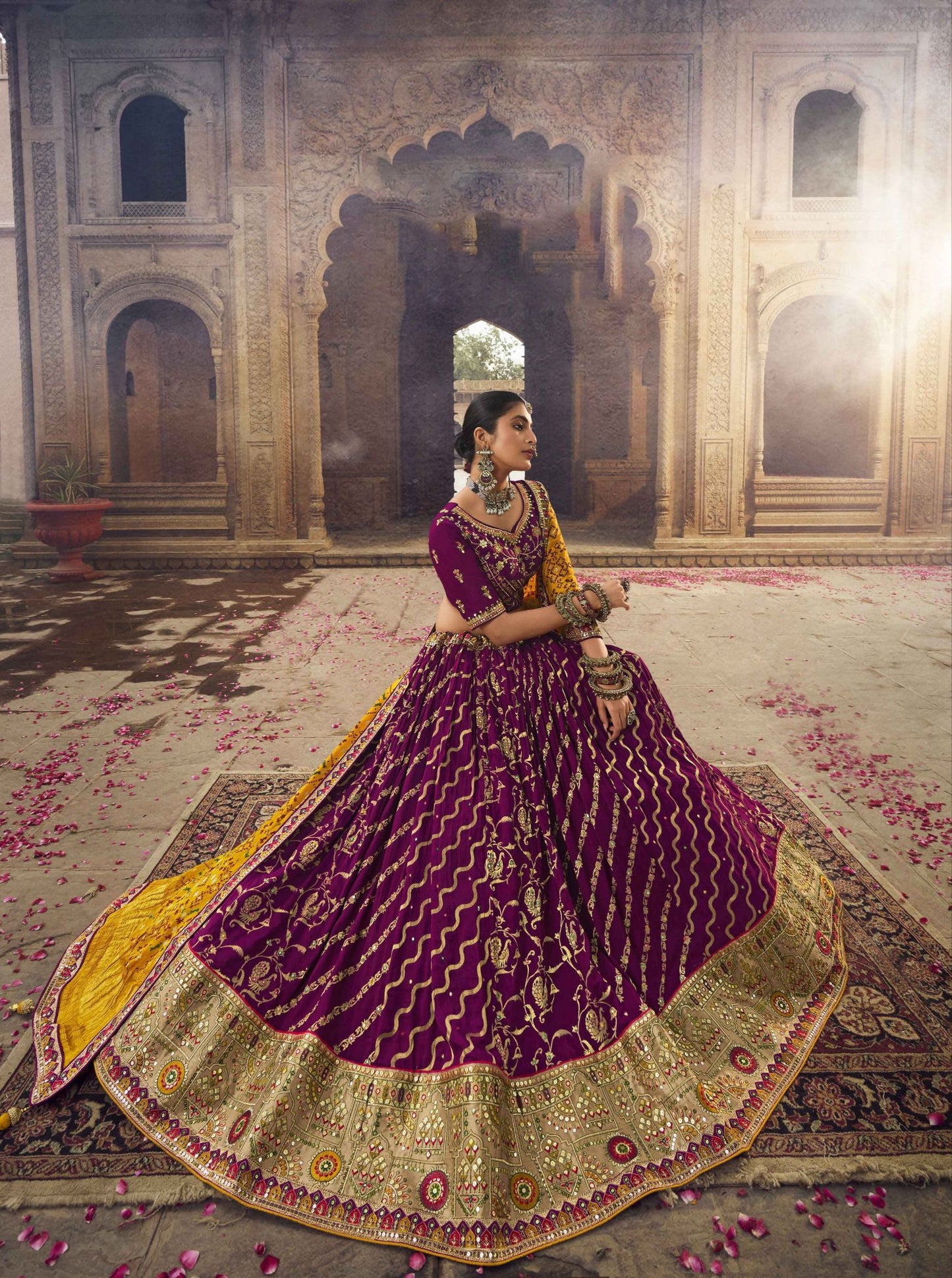 Dark Magenta Silk Heavy Embroidered Lehenga Choli - Rent