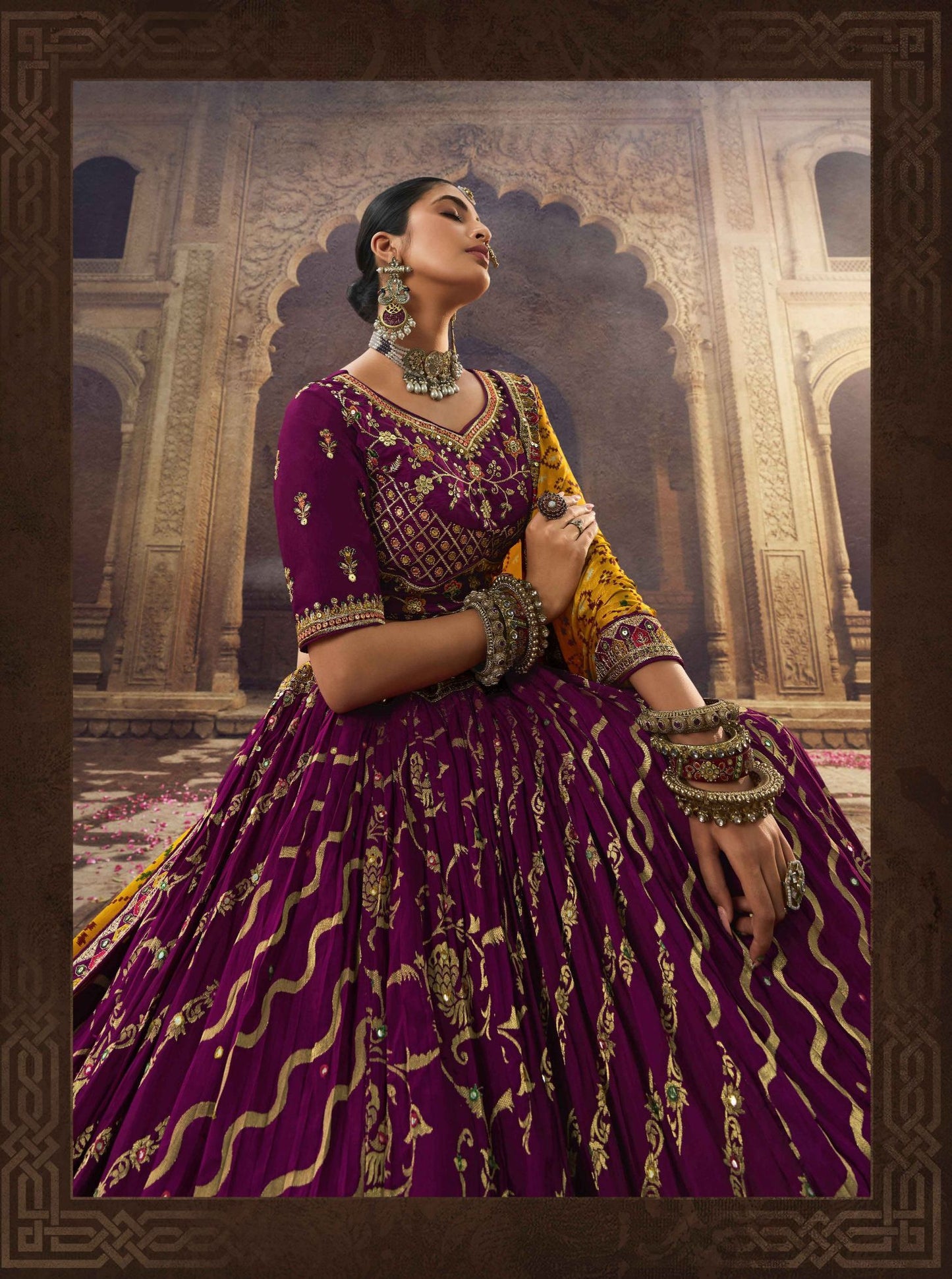 Dark Magenta Silk Heavy Embroidered Lehenga Choli - Rent
