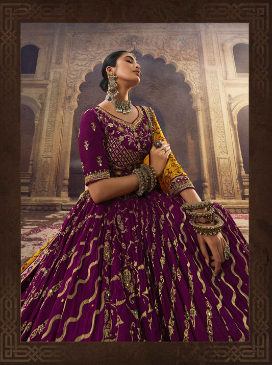 Dark Magenta Silk Heavy Embroidered Lehenga Choli - Rent