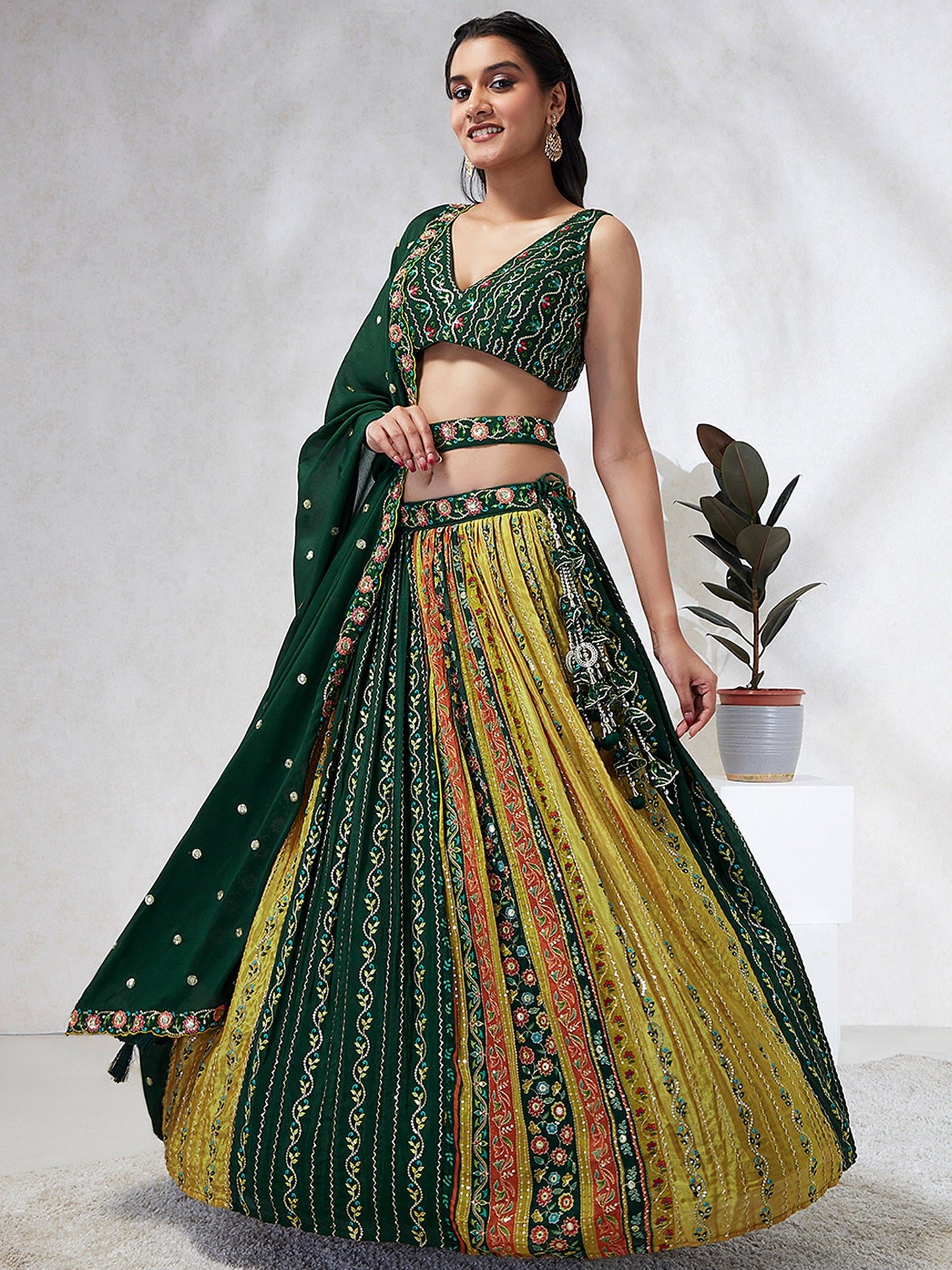 Green Chiffon Position print with Sequins embroidery Lehenga