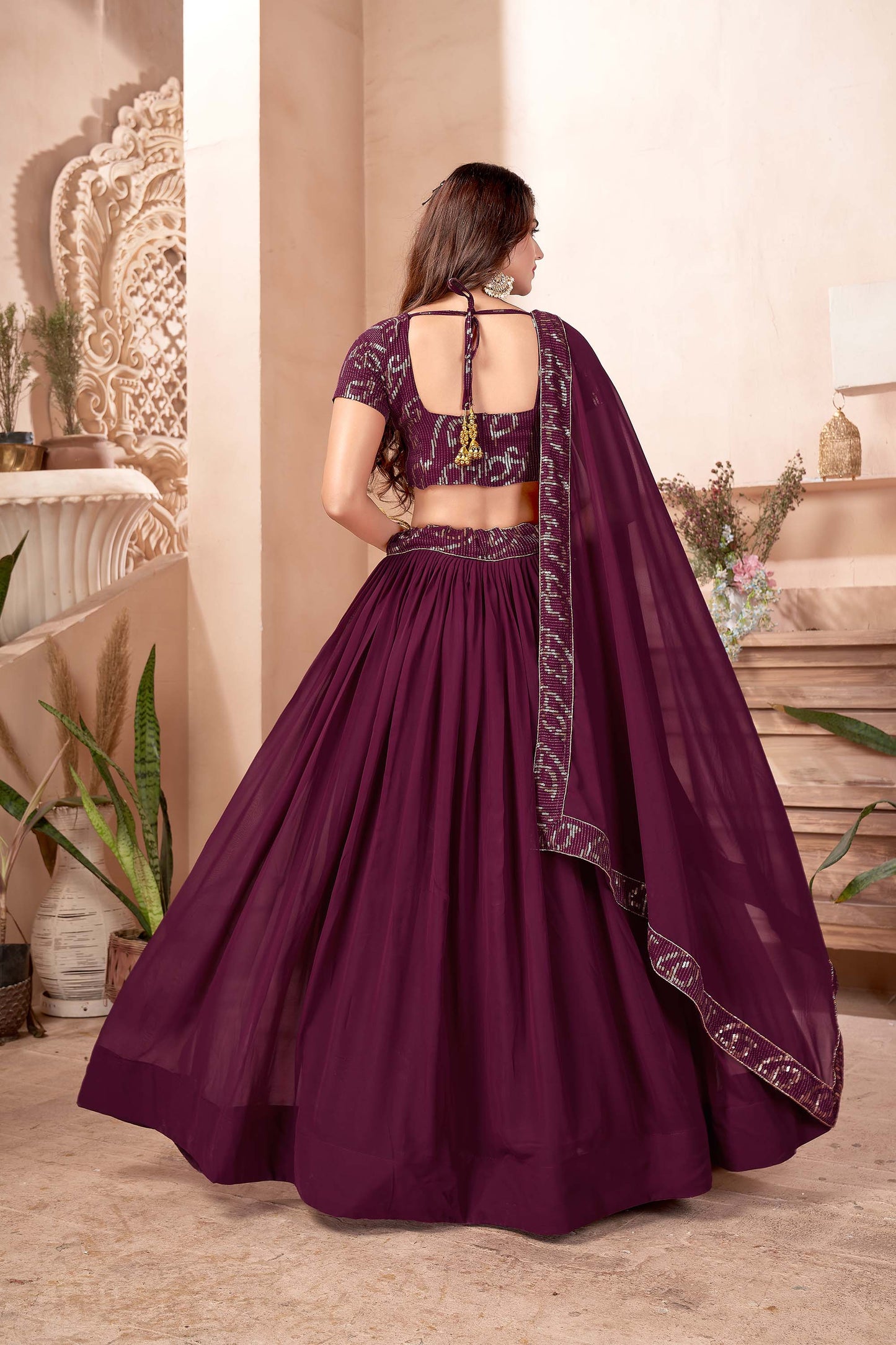 Purple Color Faux Georgette Sequins Lehenga