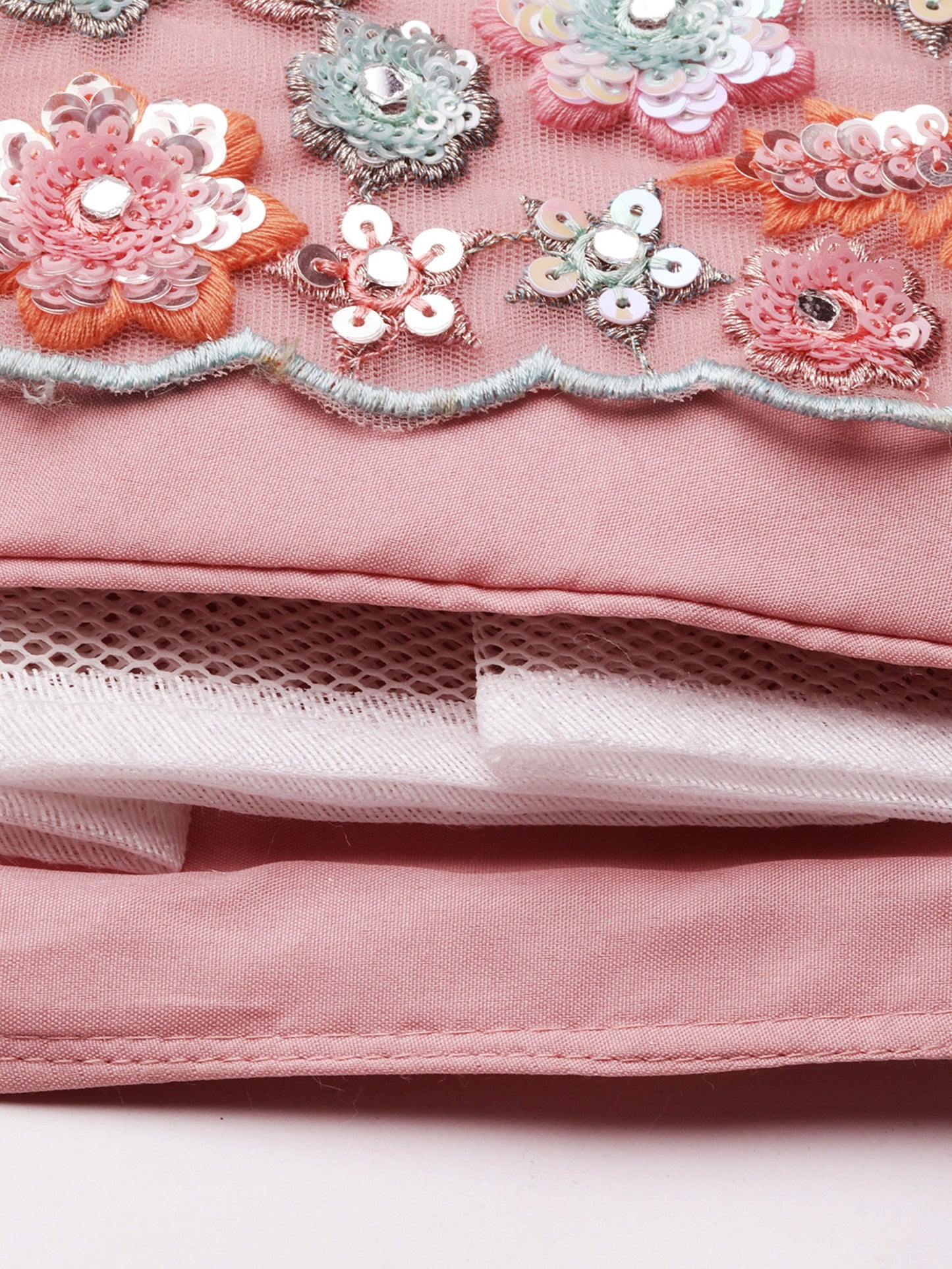 Pink Net Sequins, Mirror and thread embroidery Lehenga