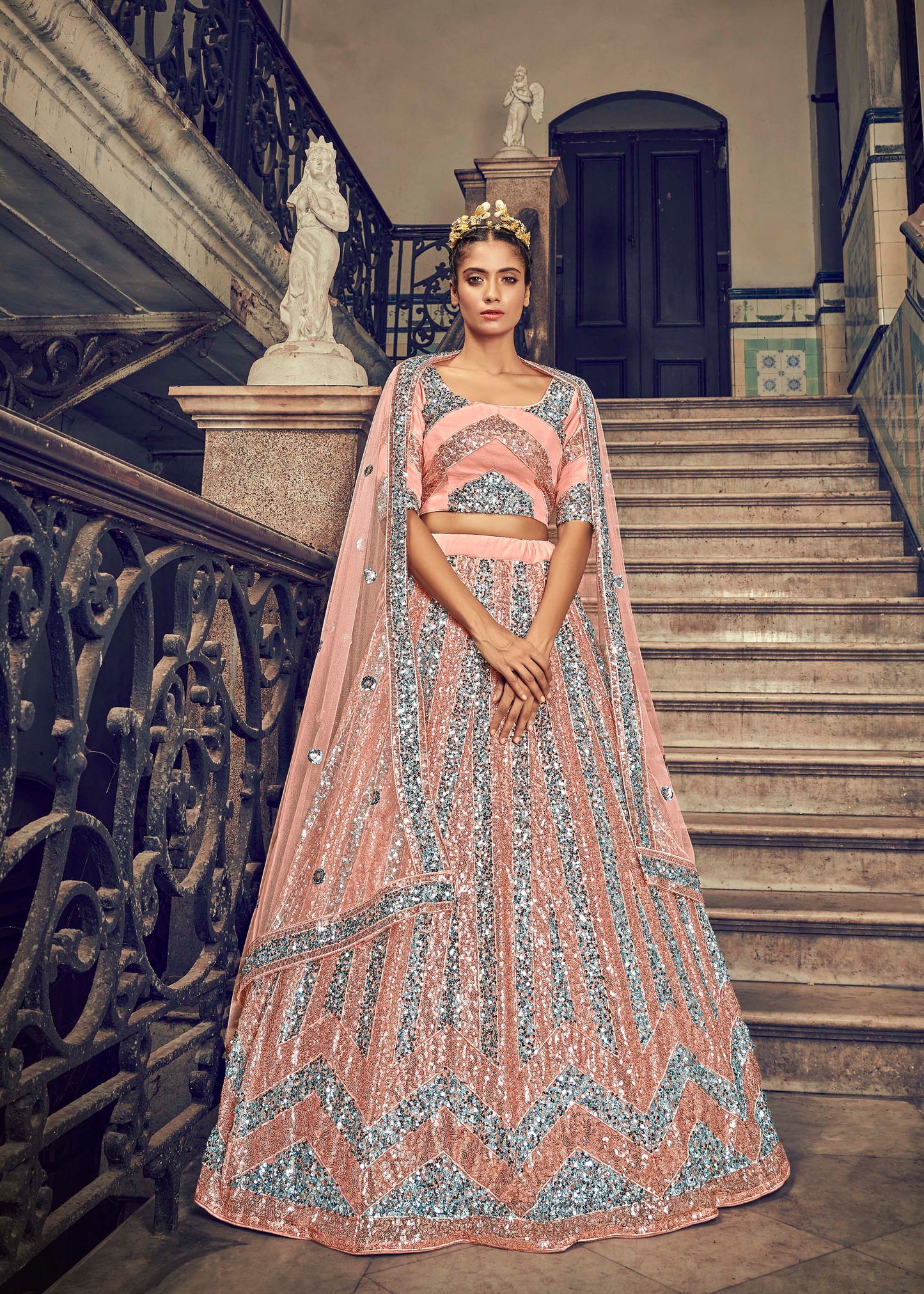 Ravishing Peach Color Net Lehenga Choli for Wedding Guest 1701