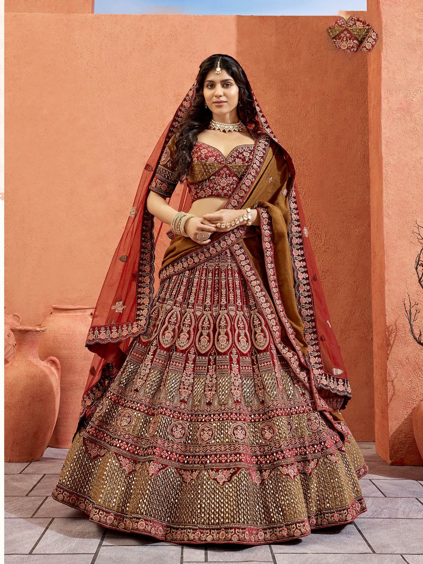 Maroon Velvet Zarkan Hand Embroidered Heavy Bridal Lehenga with Double Dupatta
