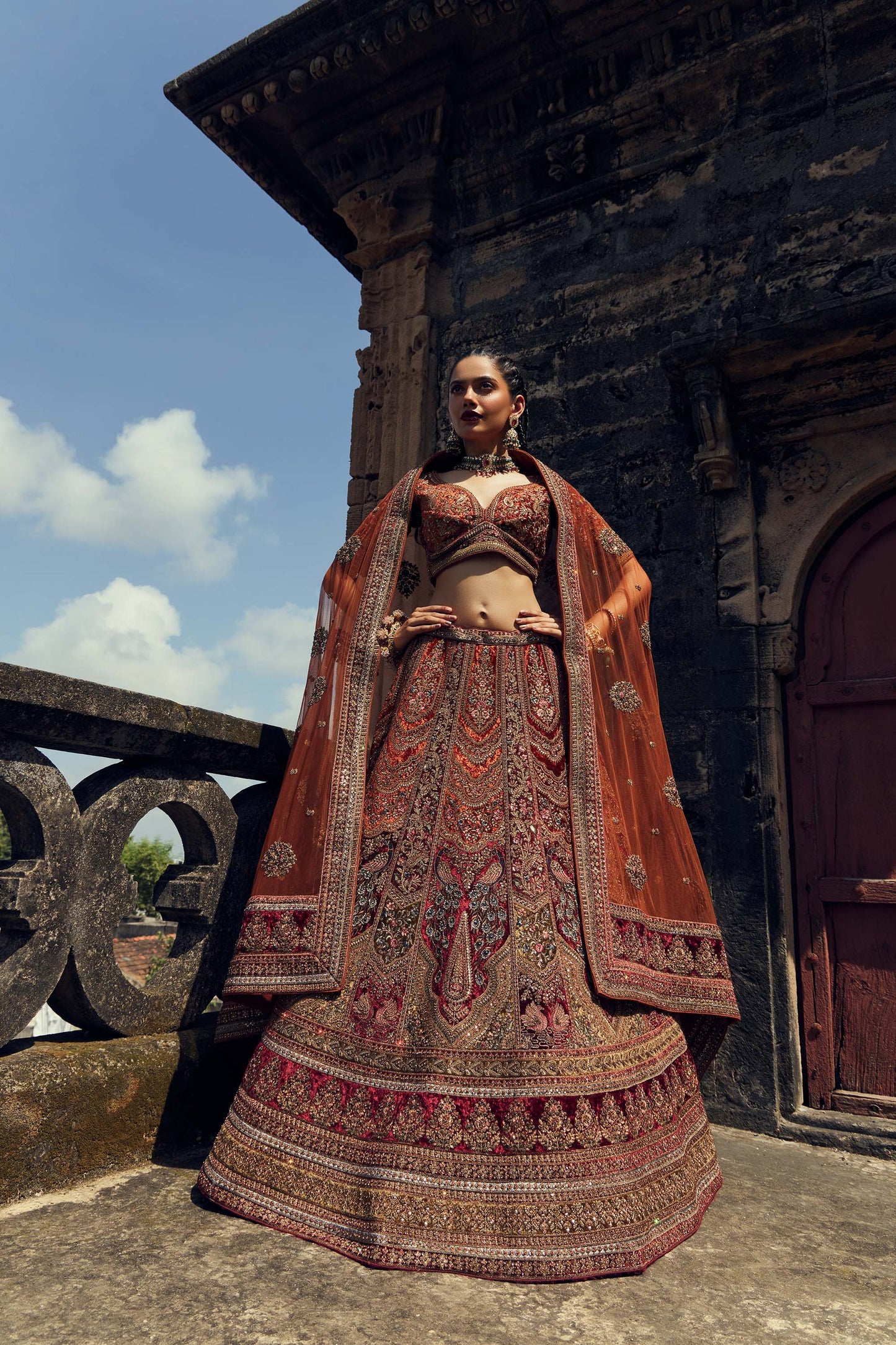Shiva Machine Embroidered Silk, Net & Velvet Maroon Bridal Lehenga