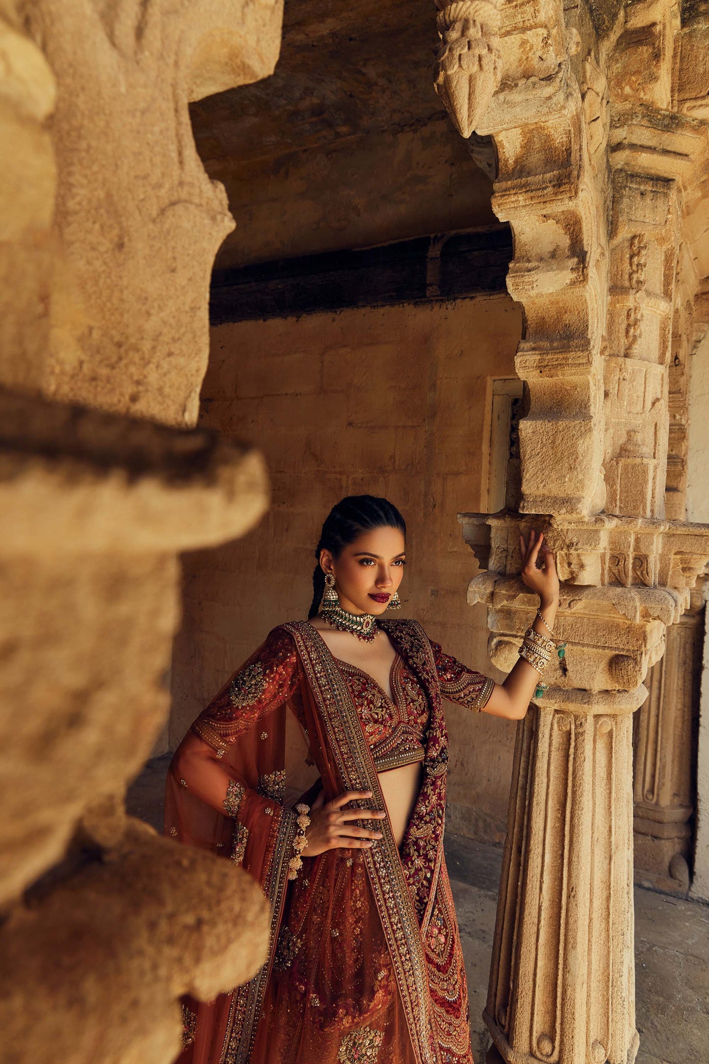Shiva Machine Embroidered Silk, Net & Velvet Maroon Bridal Lehenga