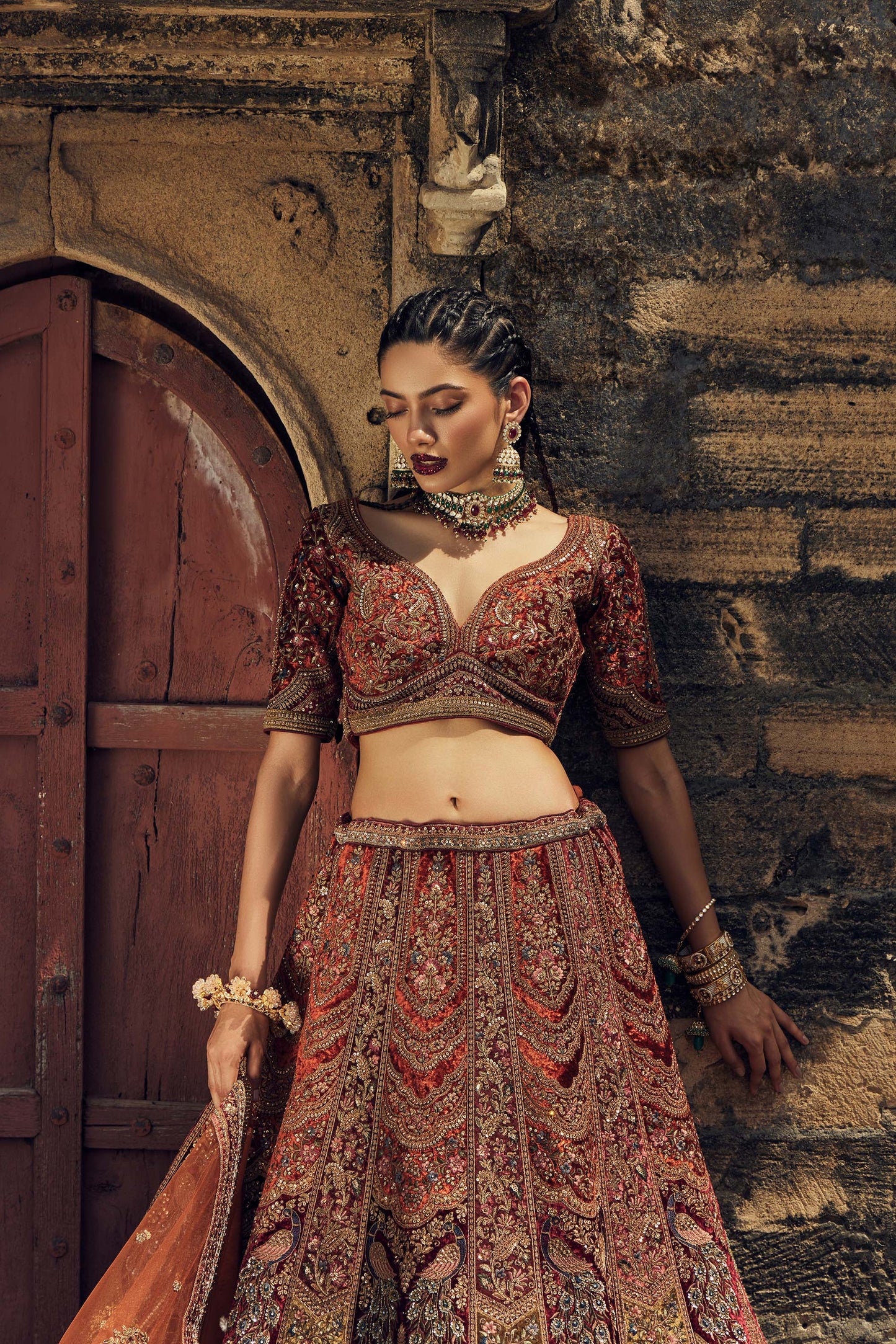 Shiva Machine Embroidered Silk, Net & Velvet Maroon Bridal Lehenga
