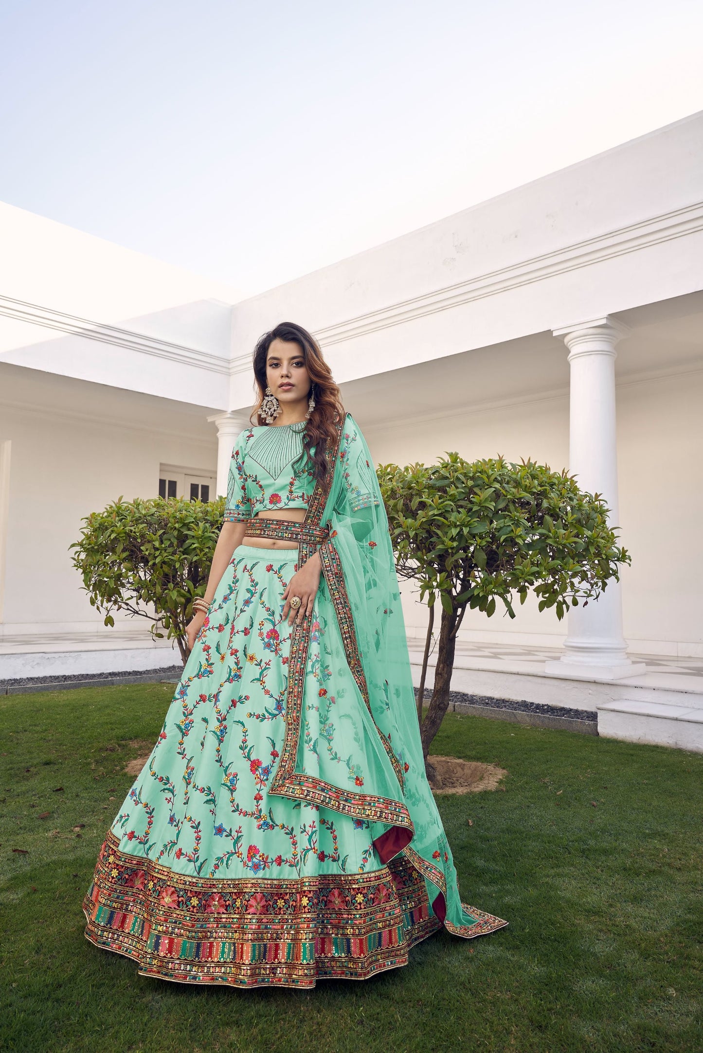 Sea Green Embroidered Sequined Lehenga for Mehendi 1913