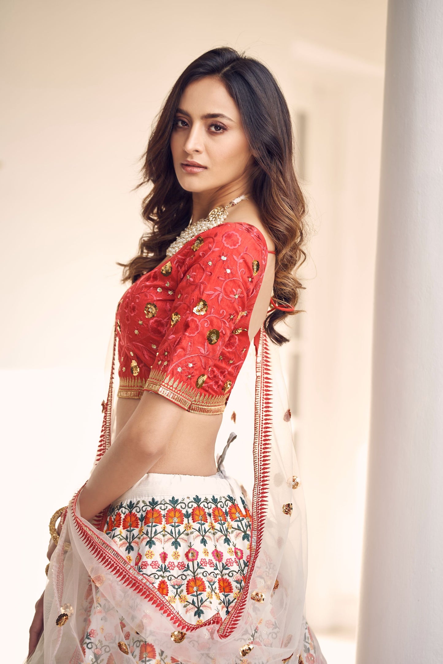 White Embroidered Sequined Lehenga Set For Rent