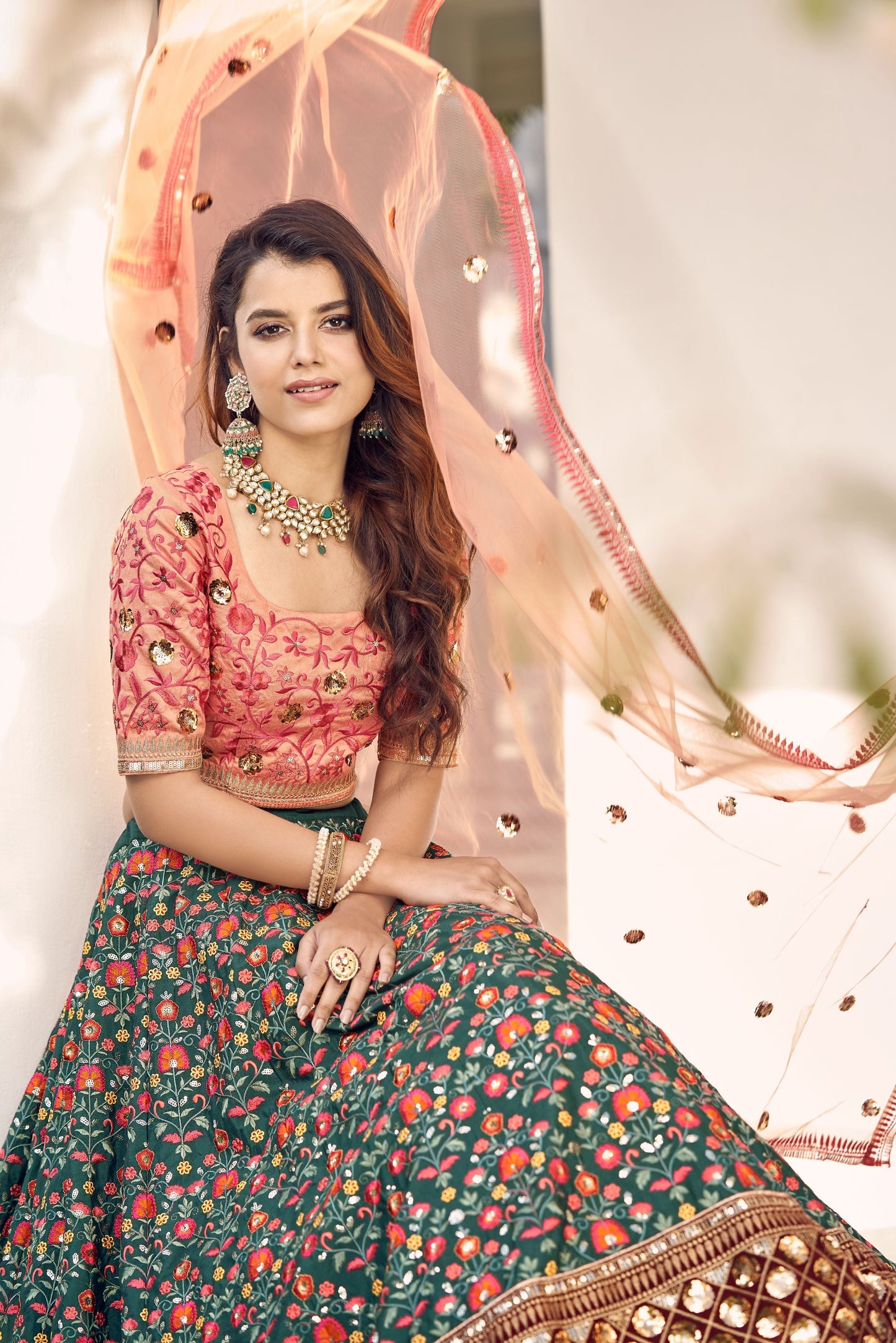 Green & Orange Embroidery Lehenga With Dupatta 1917