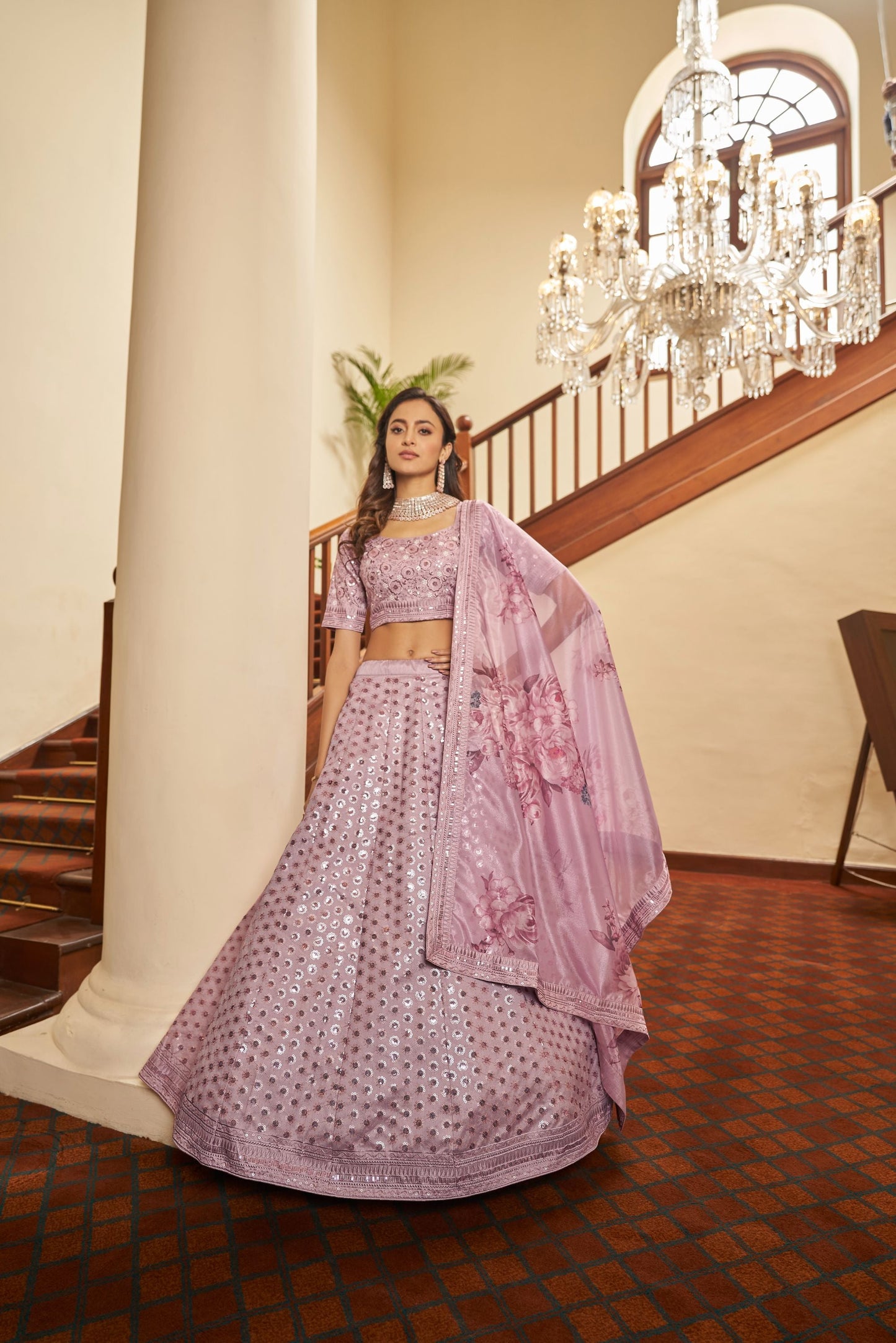 Dusty Pink Art Silk Wedding Guest Lehenga 1923