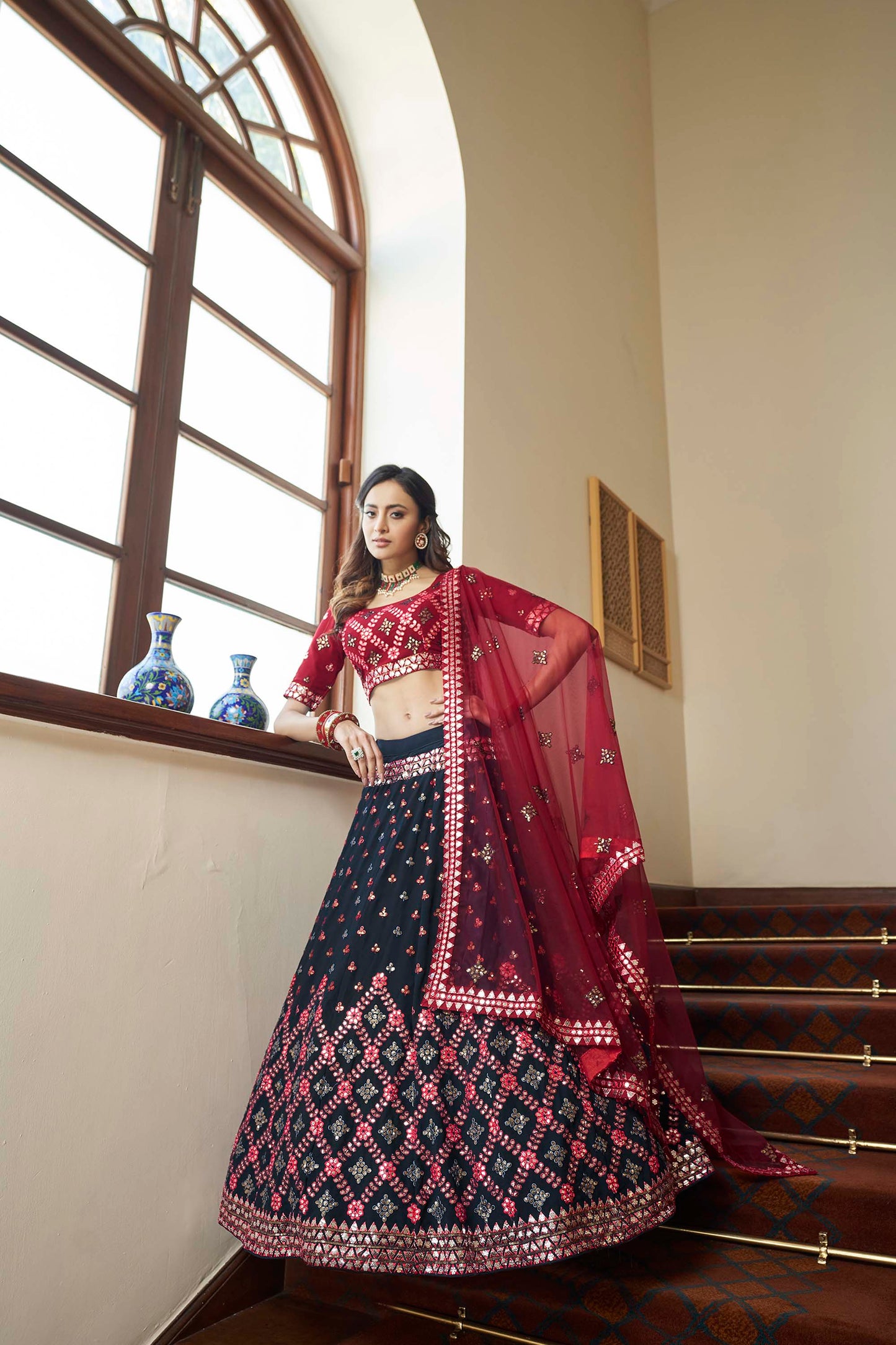 Teal Blue and Pink Wedding Guest Lehenga Choli - Rent