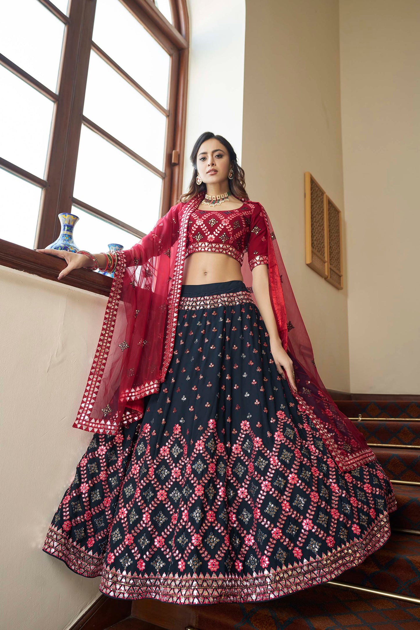 Teal Blue and Pink Wedding Guest Lehenga Choli - Rent