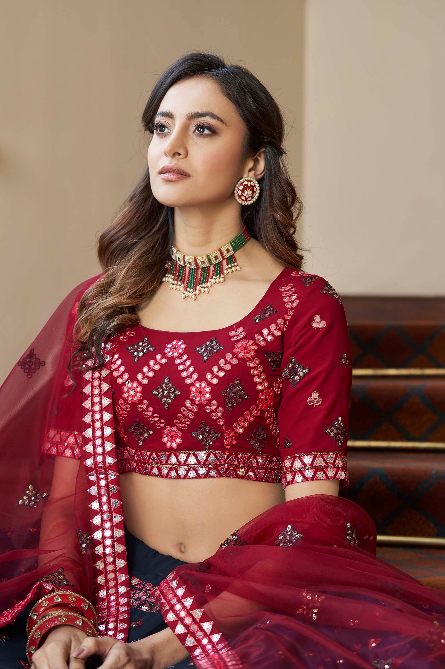 Teal Blue and Pink Wedding Guest Lehenga Choli - Rent