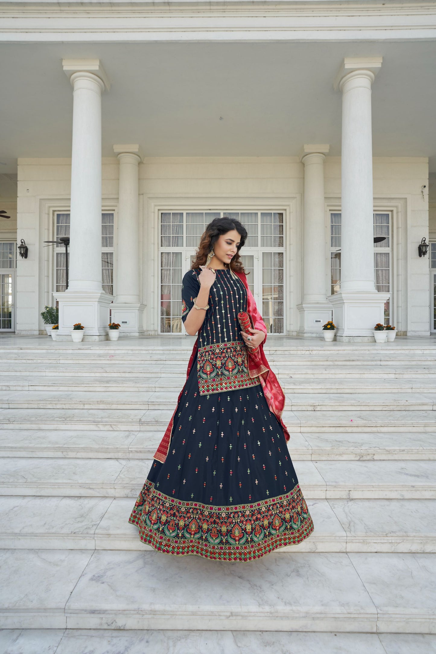 Navy Blue Faux Chiffon Trendy Lehenga Choli
