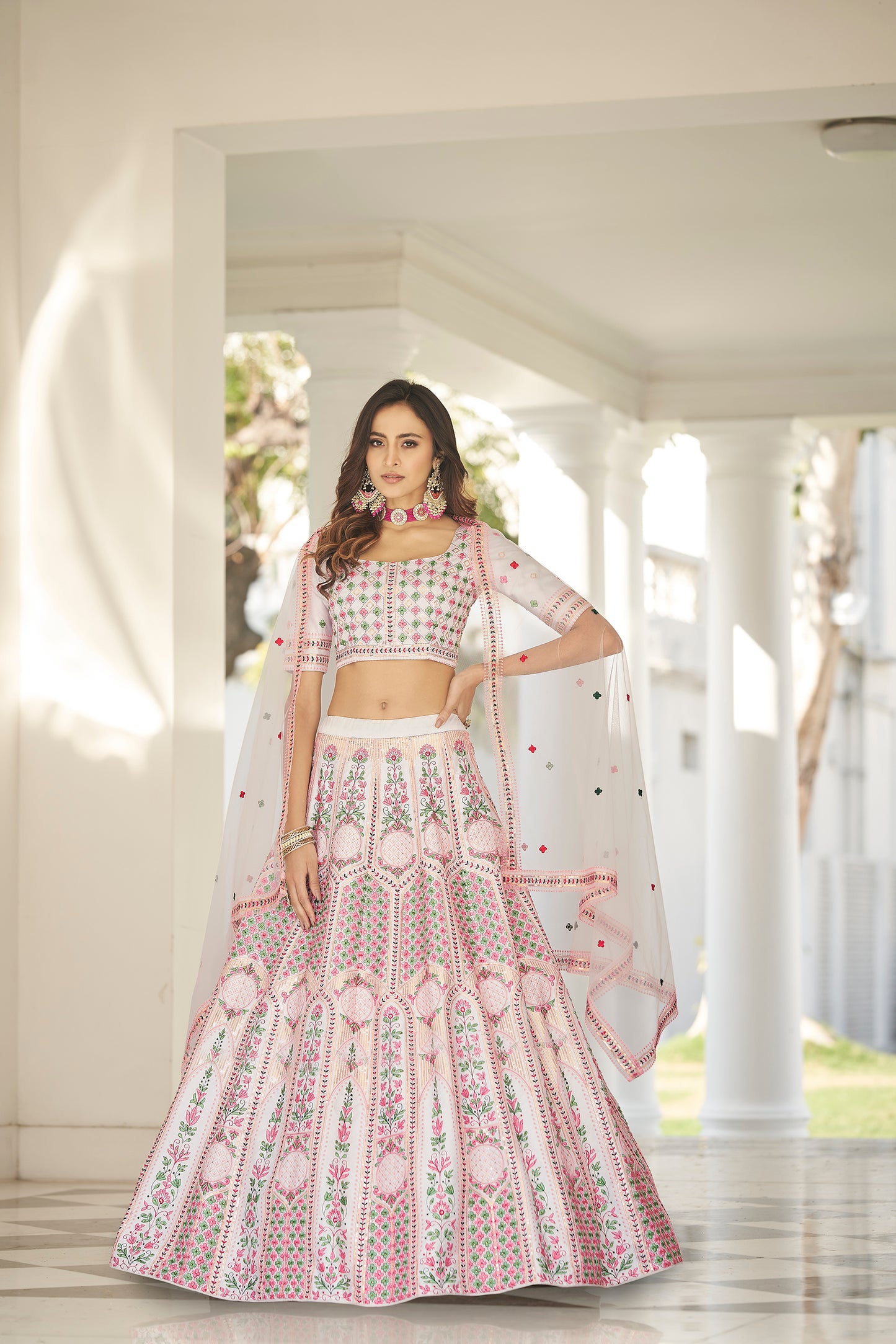 White Color Embroidered Silk Lehenga Choli For Rent ( UK )