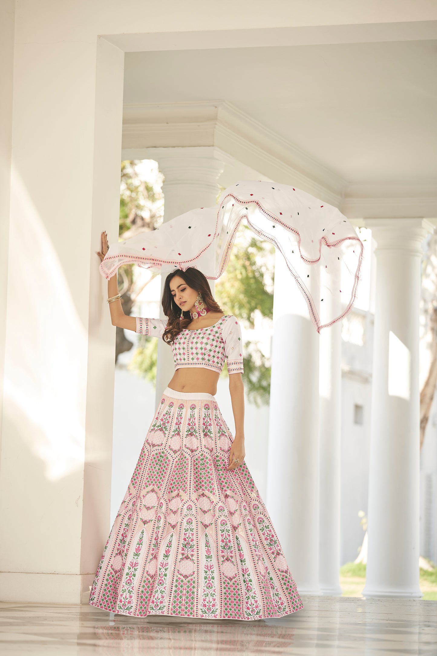 White Color Embroidered Silk Lehenga Choli For Rent ( UK )