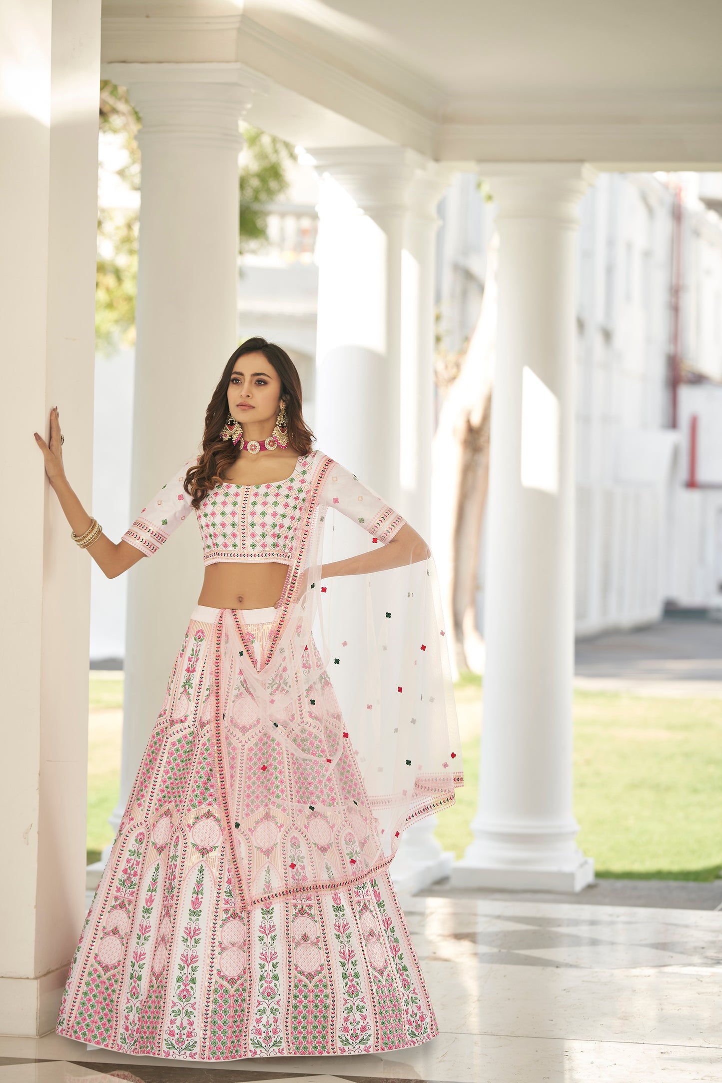 White Color Embroidered Silk Lehenga Choli For Rent ( UK )