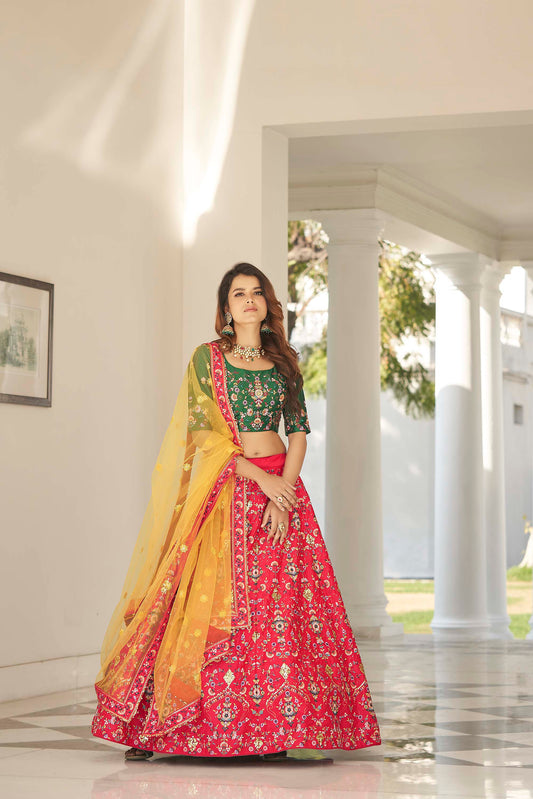 Red and Green Embroidered Silk Lehenga for Mehendi - Rent