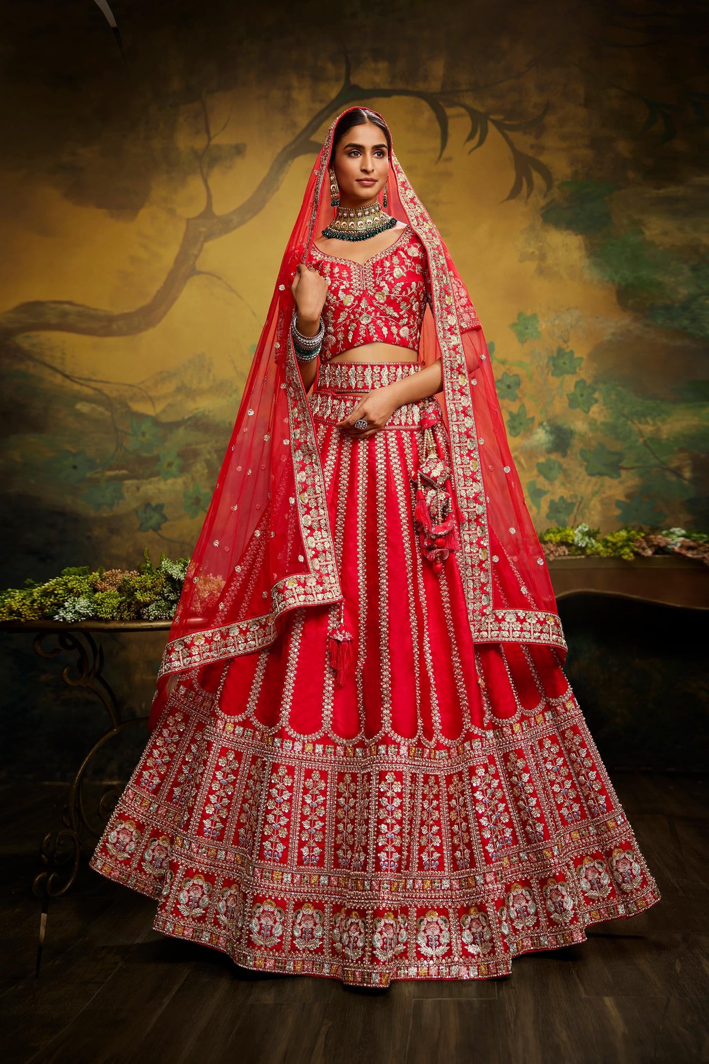 Red Pure Silk Moti & Zarkan heavy embroidery Lehenga
