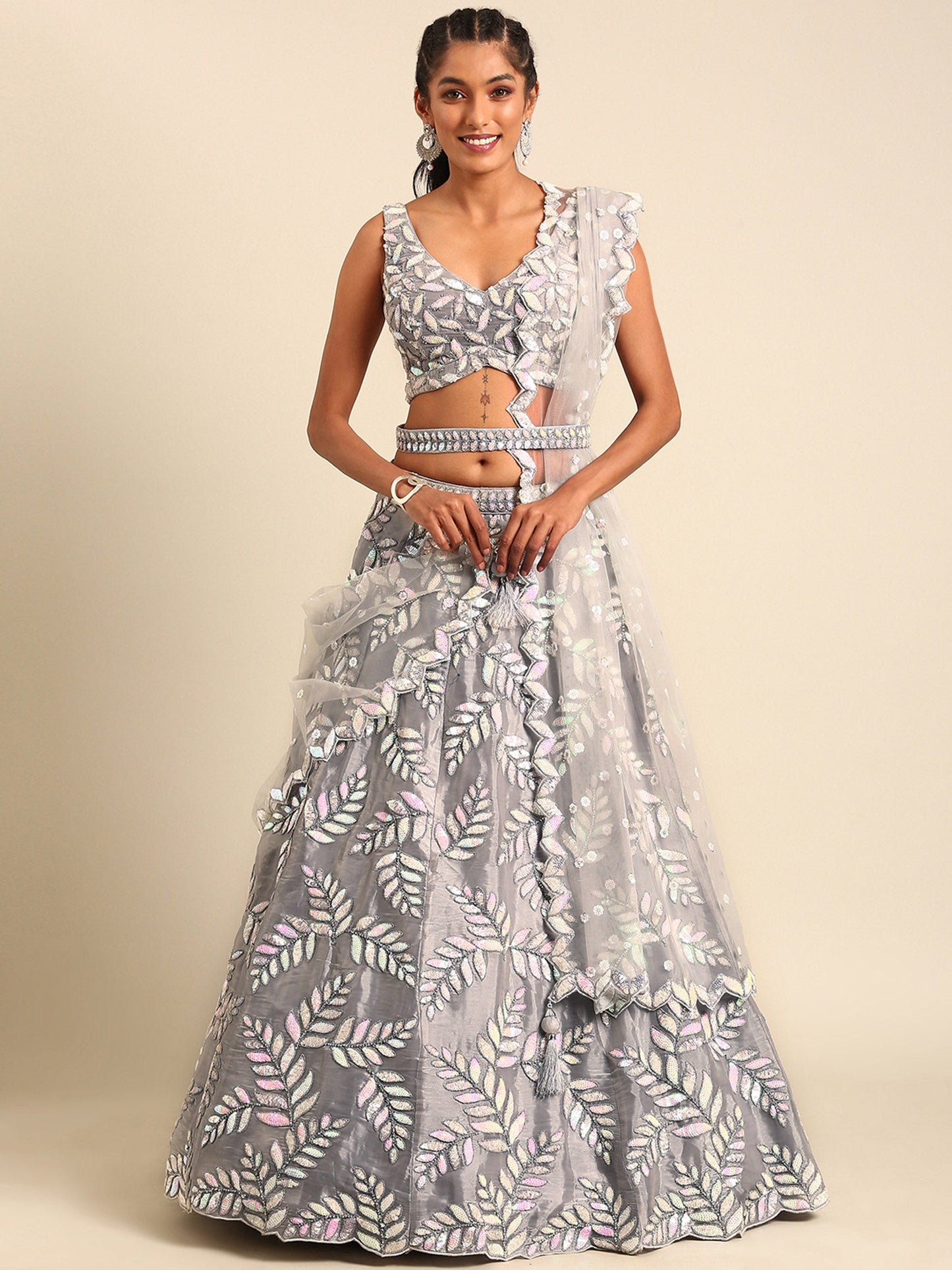 Grey Organza Sequins & Zarkan embroidery Lehenga
