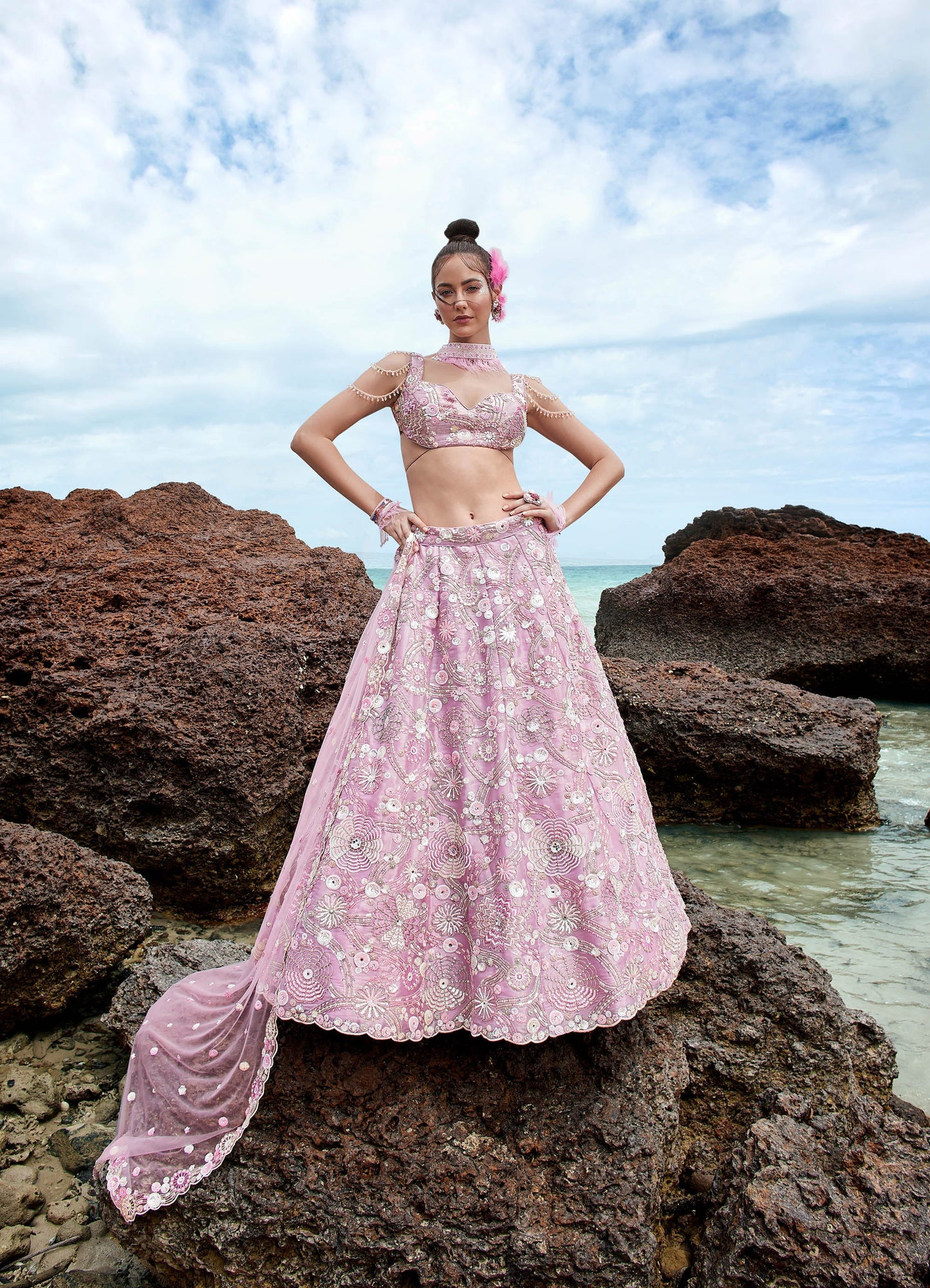 Mauve Organza Sequins, Zarkan and thread embroidery Lehenga